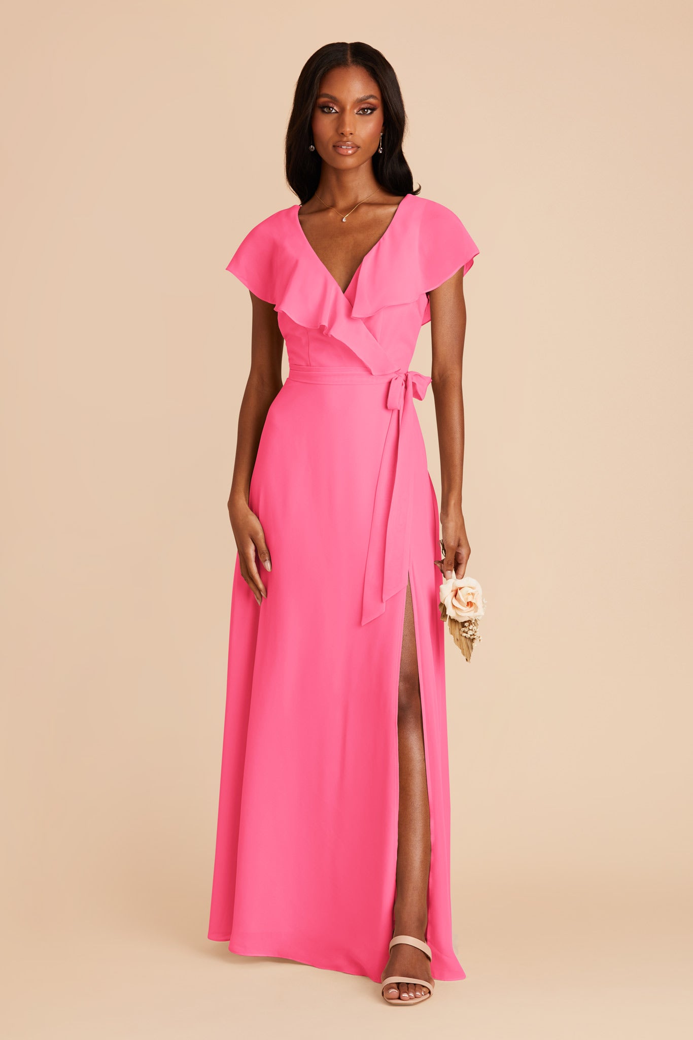 Chiffon Bridesmaid Dress with Flowy Sleeves | Jackson Bon Bon Pink