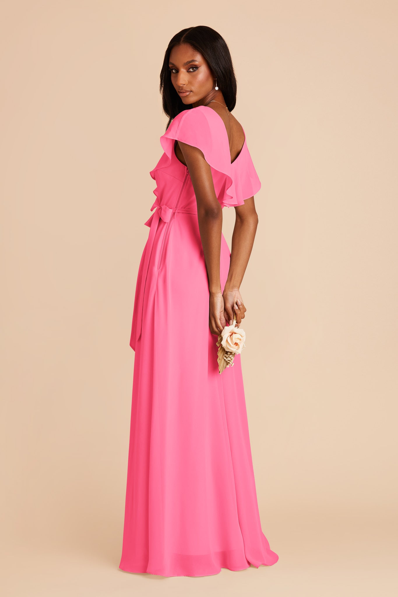 Chiffon Bridesmaid Dress with Flowy Sleeves | Jackson Bon Bon Pink