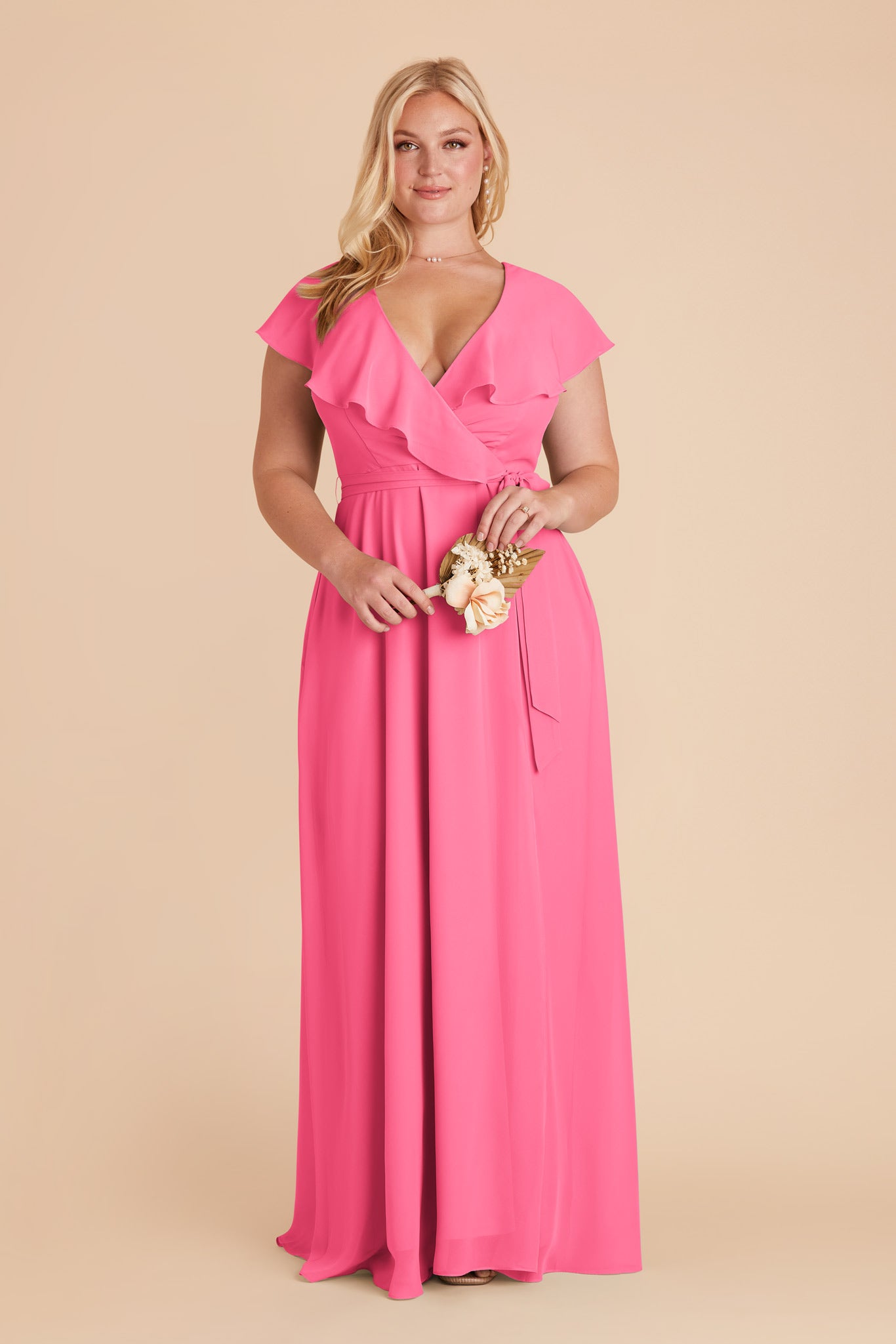Chiffon Bridesmaid Dress with Flowy Sleeves | Jackson Bon Bon Pink
