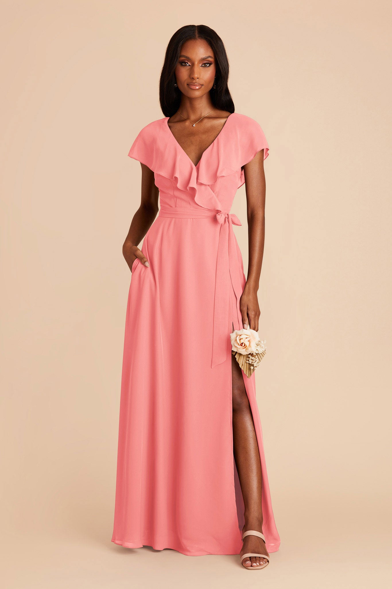 Chiffon Bridesmaid Dress with Flowy Sleeves | Jackson Coral Pink