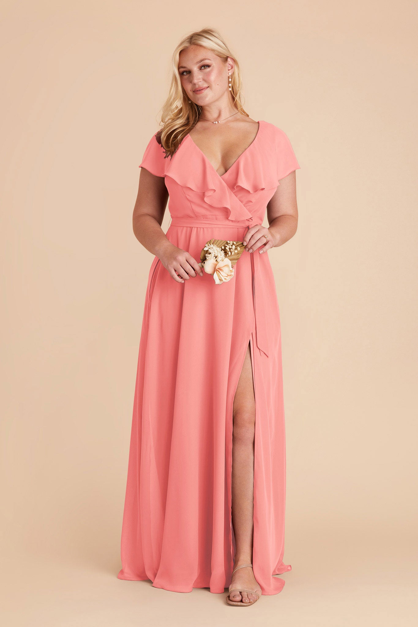 Chiffon Bridesmaid Dress with Flowy Sleeves | Jackson Coral Pink