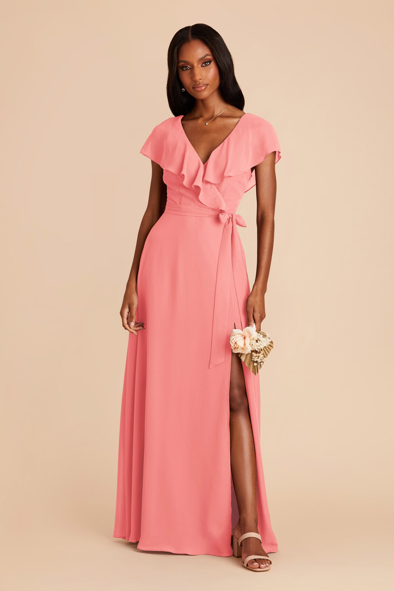 Chiffon Bridesmaid Dress with Flowy Sleeves | Jackson Coral Pink