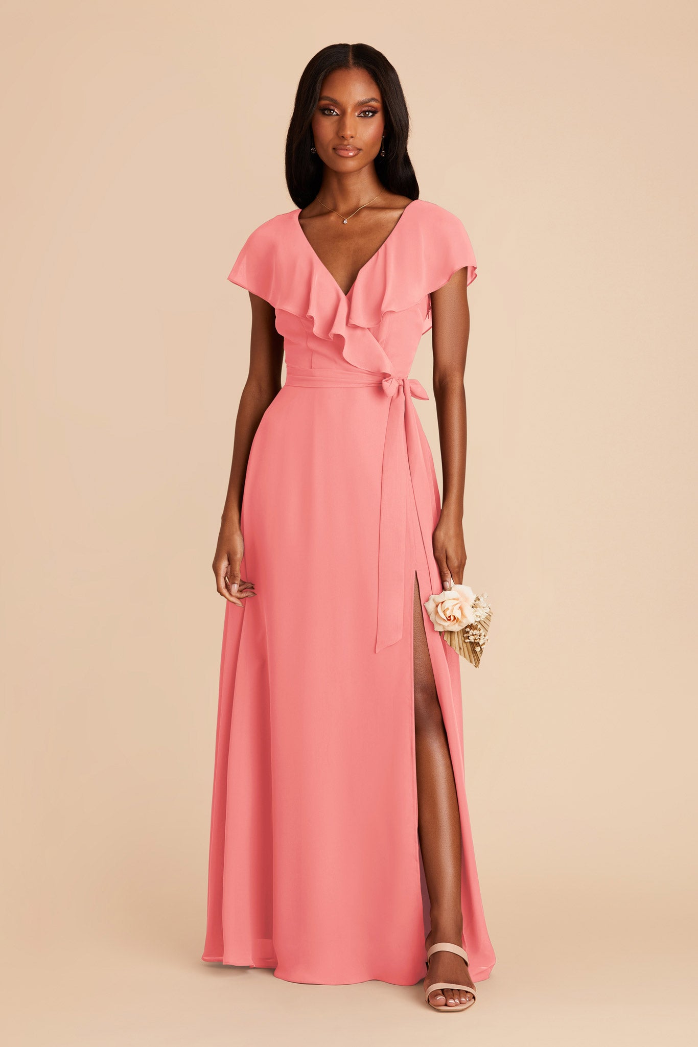 Chiffon Bridesmaid Dress with Flowy Sleeves | Jackson Coral Pink