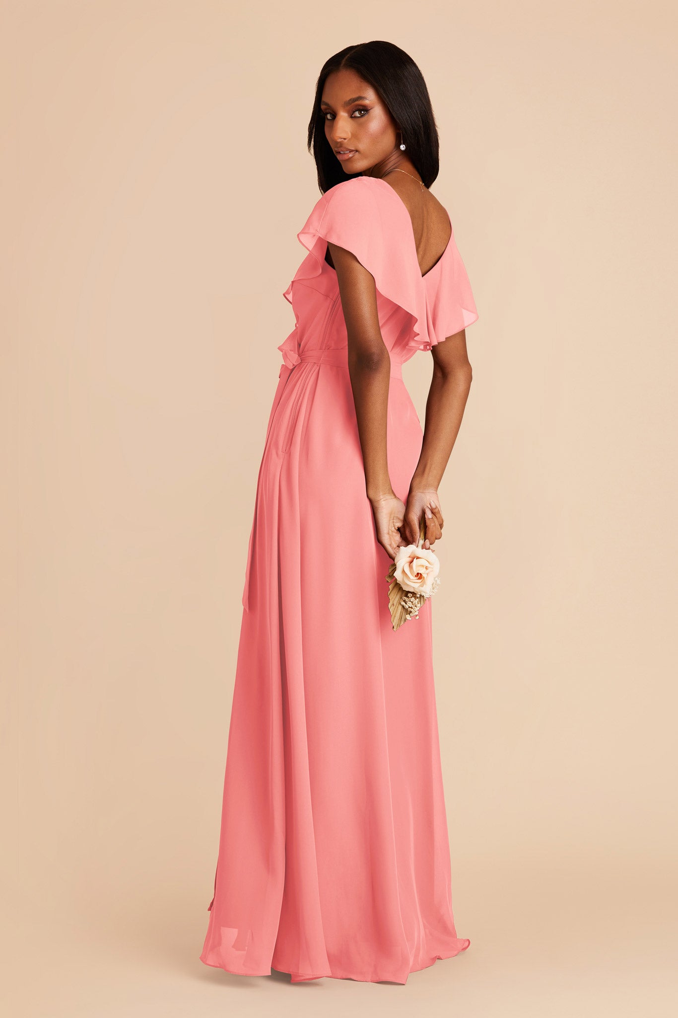 Chiffon Bridesmaid Dress with Flowy Sleeves | Jackson Coral Pink