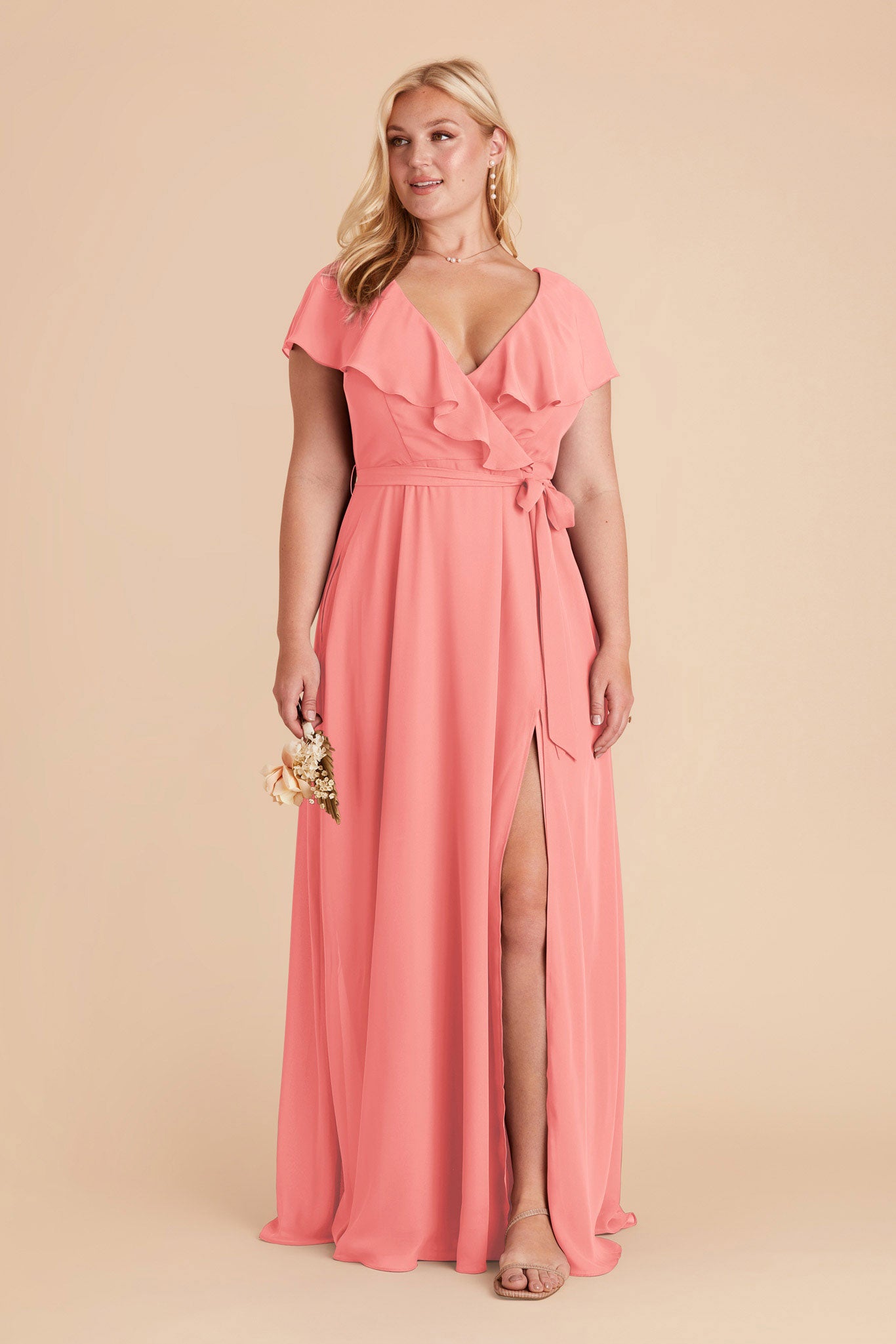 Chiffon Bridesmaid Dress with Flowy Sleeves | Jackson Coral Pink
