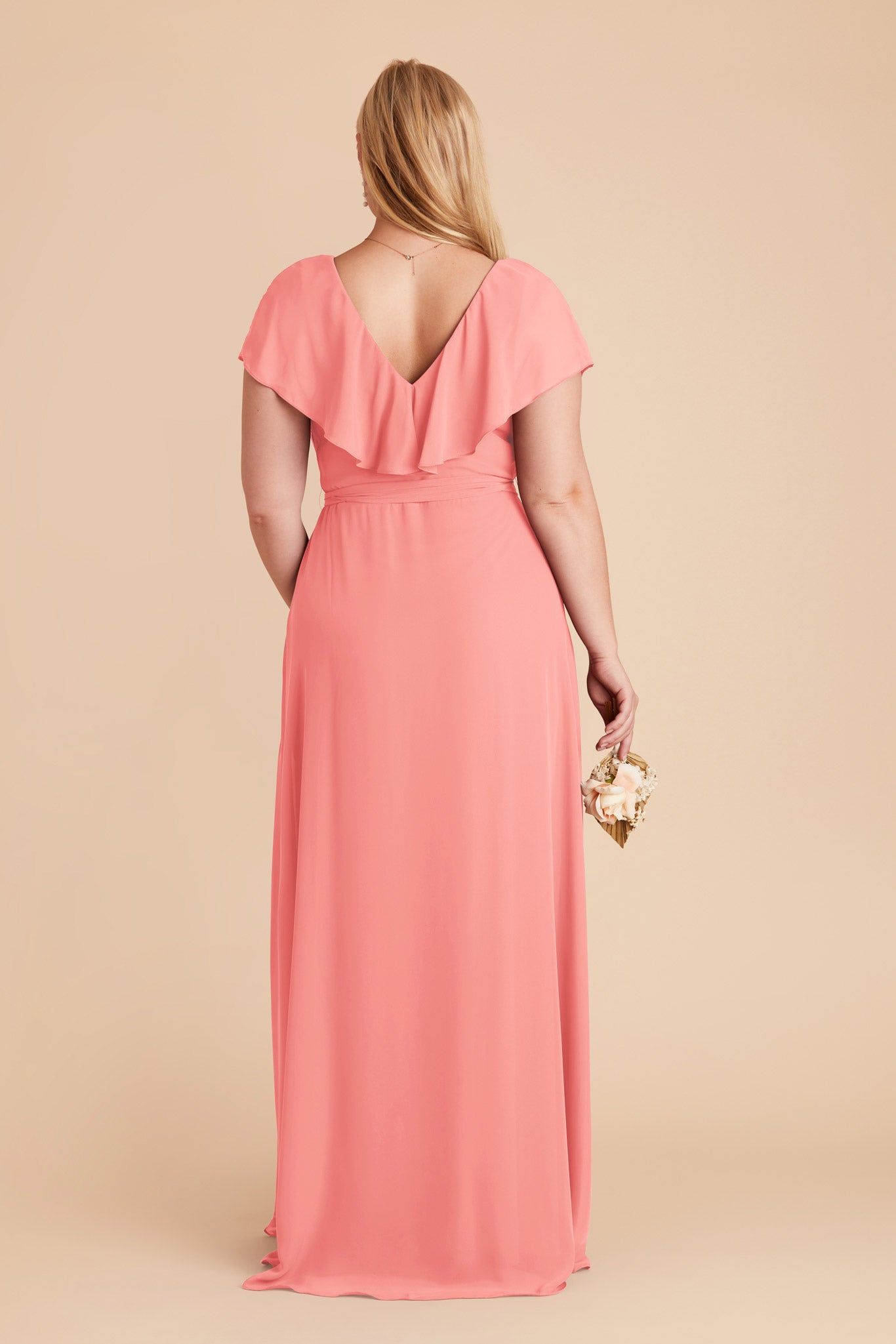 Chiffon Bridesmaid Dress with Flowy Sleeves | Jackson Coral Pink