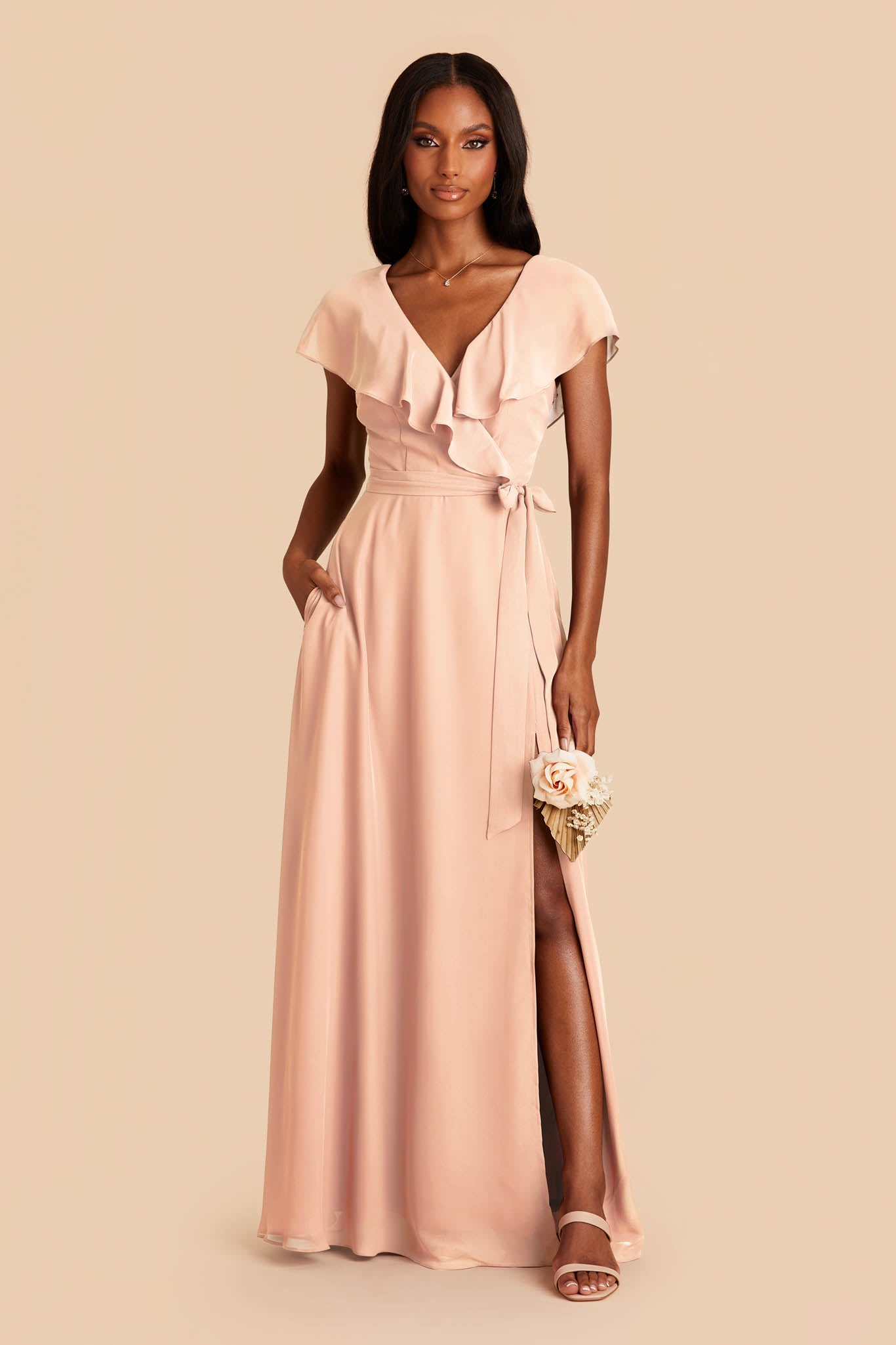 Chiffon Bridesmaid Dress with Romantic Sleeves | Jackson Pale Blush