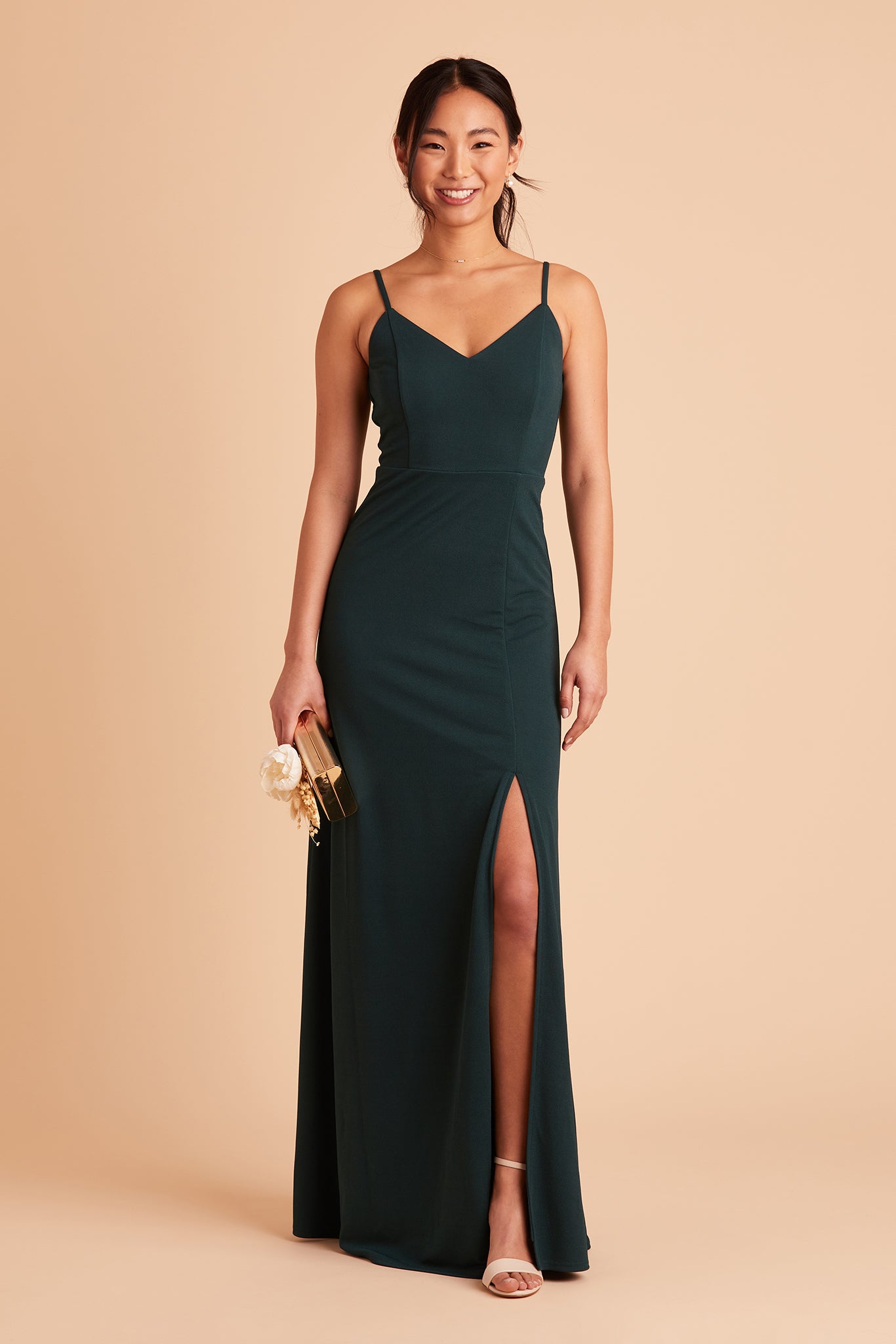 V-Neck Spaghetti Strap Dress with Leg Slit | Jay Dress Emerald