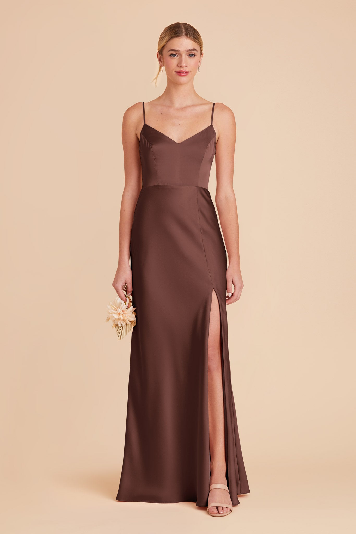 Matte Satin Dress with V-Neck & Leg Slit | Jay Chocolate Brown