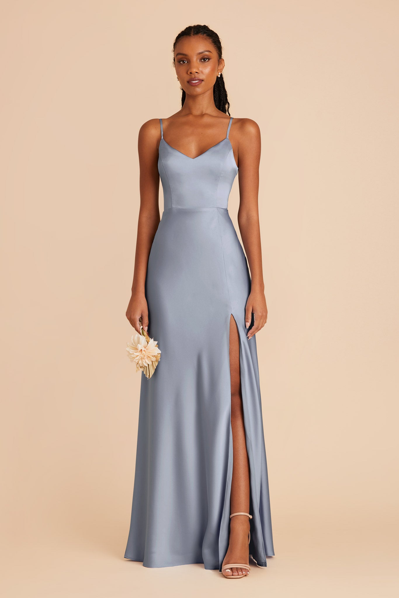 Matte Satin Dress with V-Neck & Leg Slit | Jay