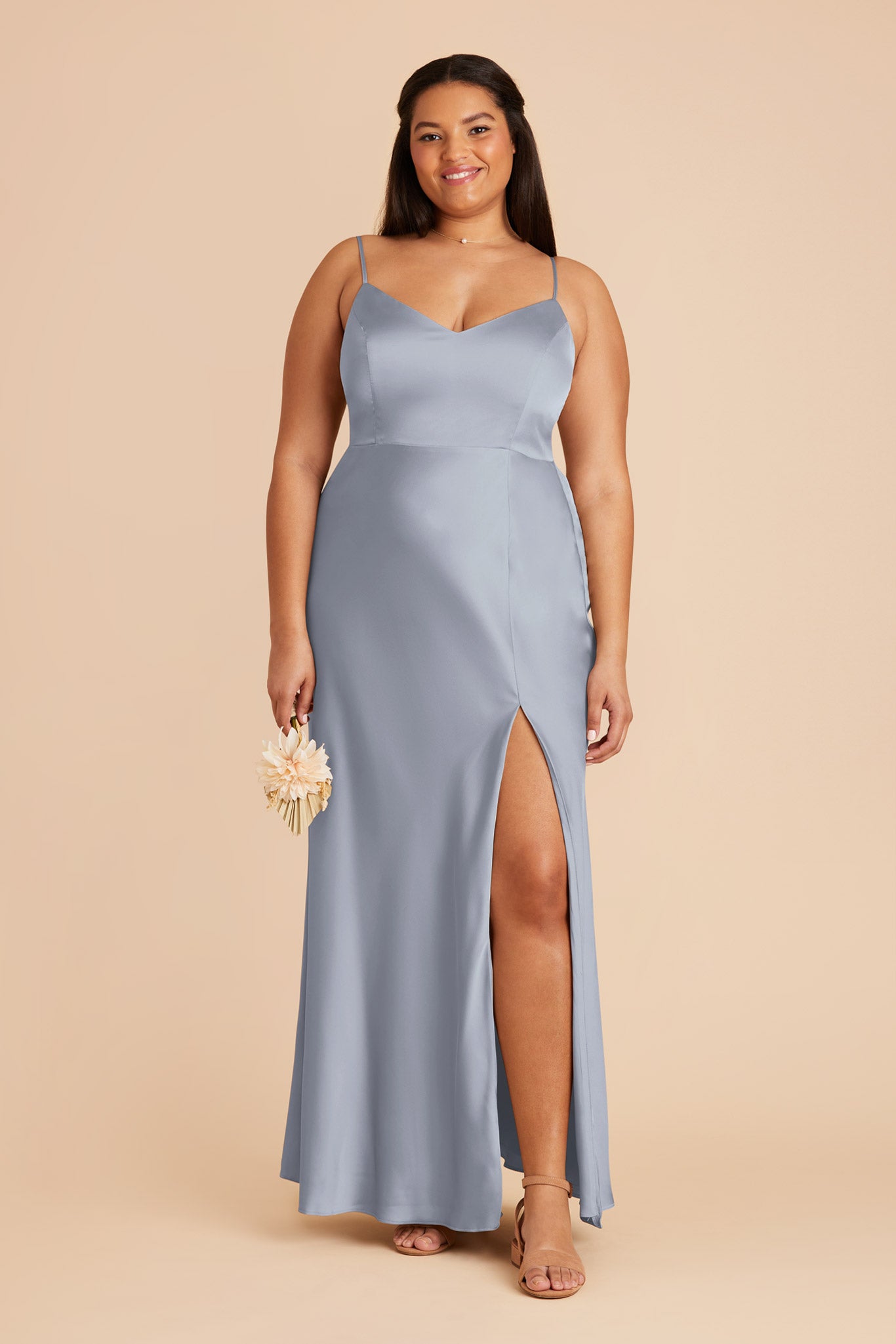 Matte Satin Dress with V-Neck & Leg Slit | Jay