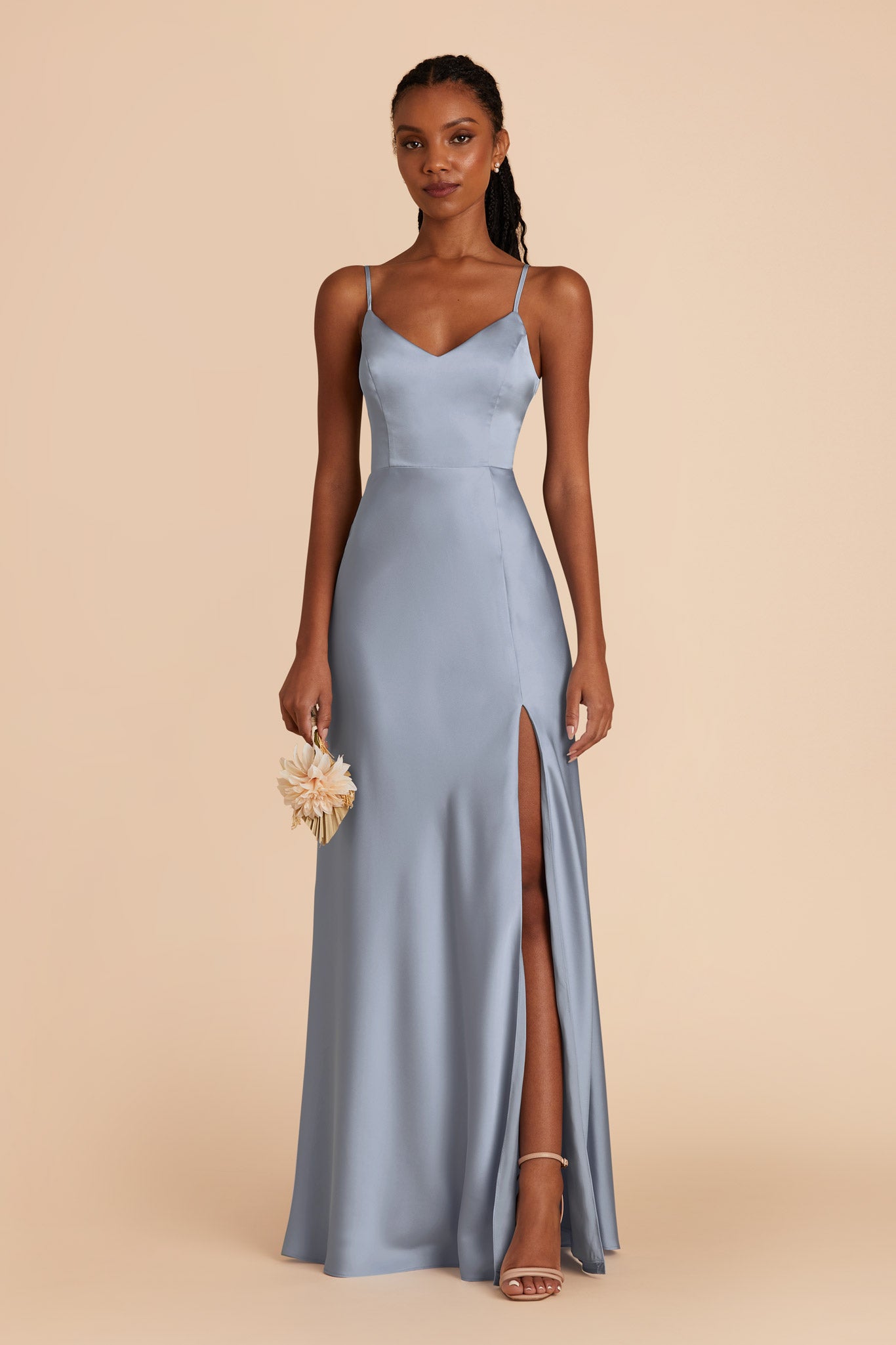 Matte Satin Dress with V-Neck & Leg Slit | Jay