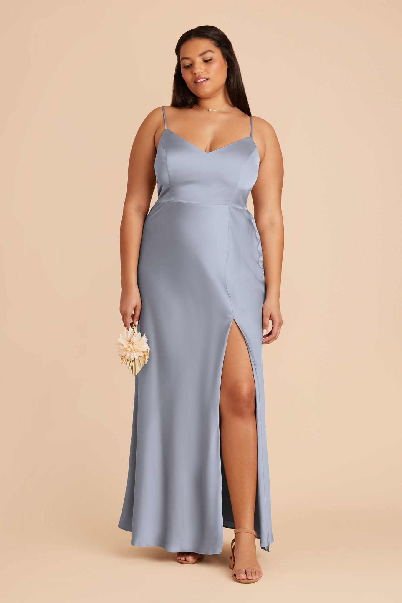 Matte Satin Dress with V-Neck & Leg Slit | Jay