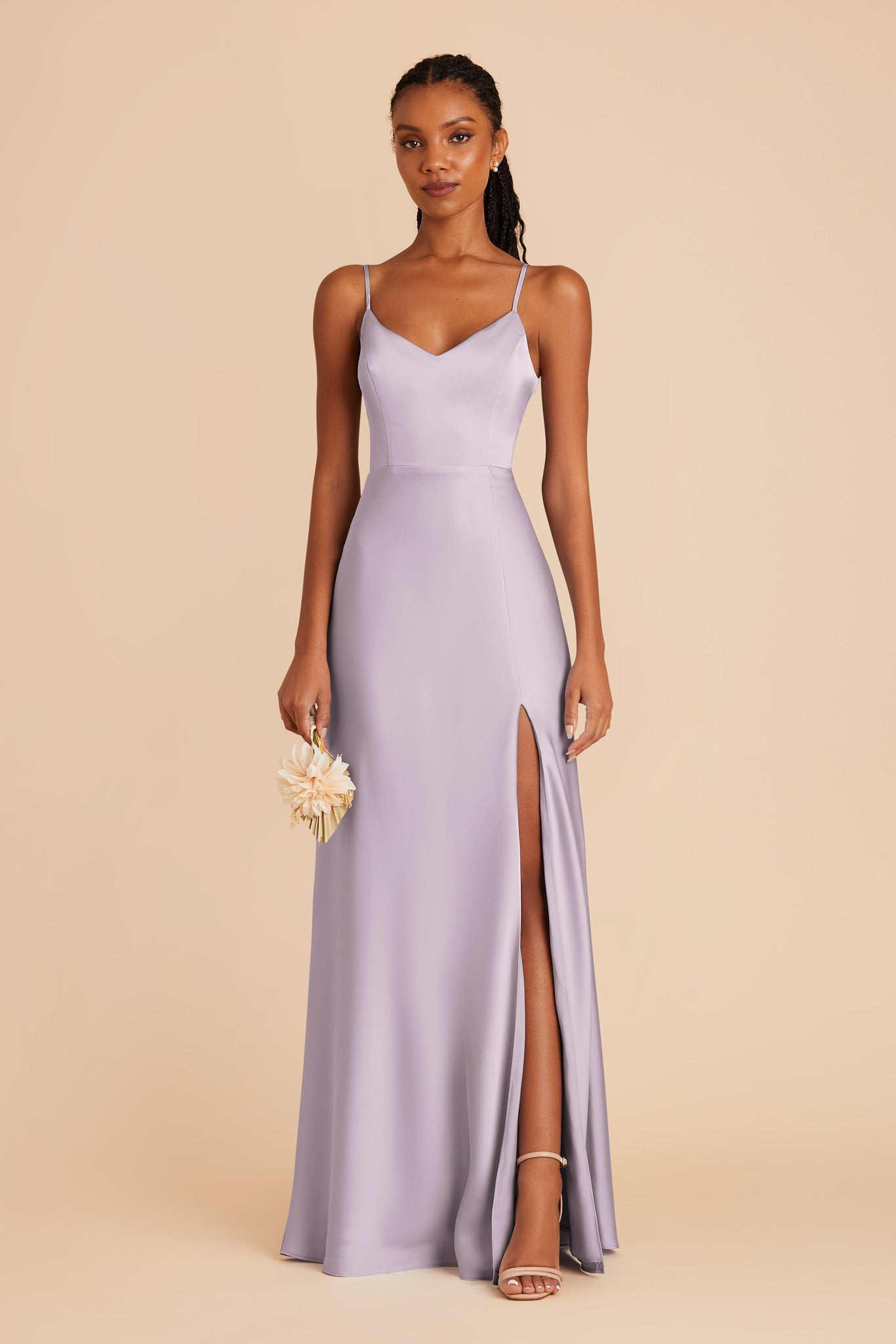 Matte Satin Dress with V-Neck & Leg Slit | Jay - Dusty Lilac