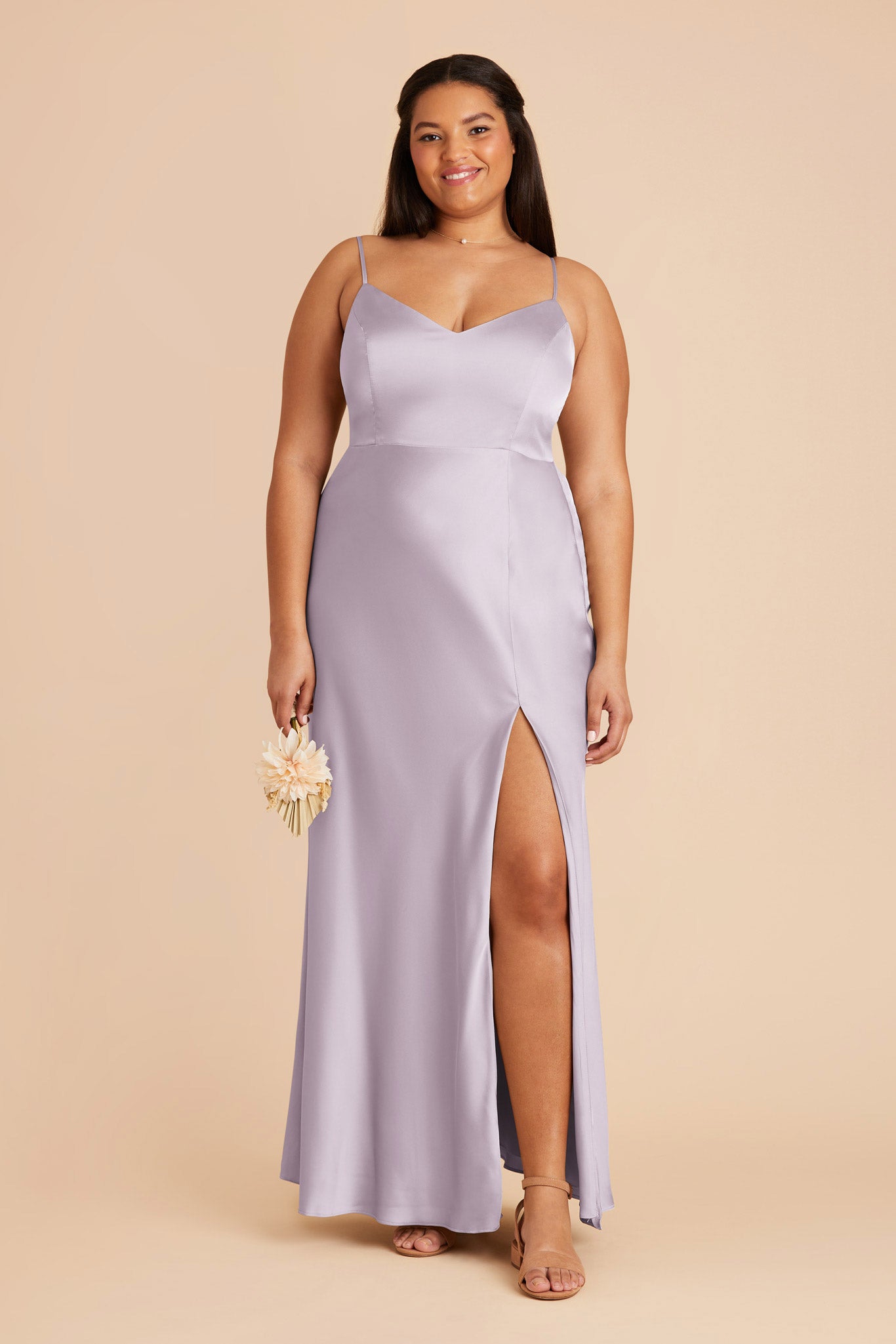 Matte Satin Dress with V-Neck & Leg Slit | Jay - Dusty Lilac