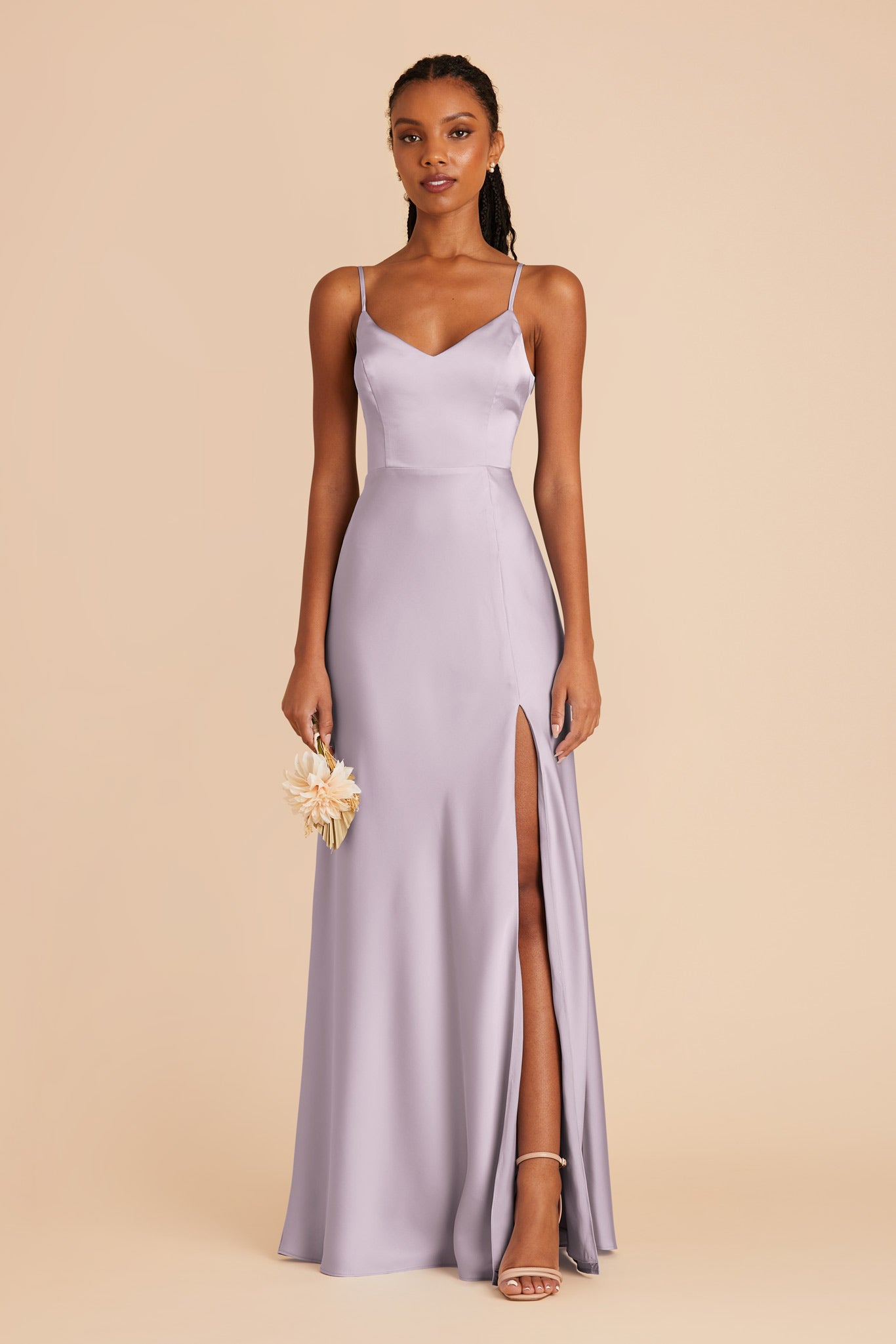 Matte Satin Dress with V-Neck & Leg Slit | Jay - Dusty Lilac