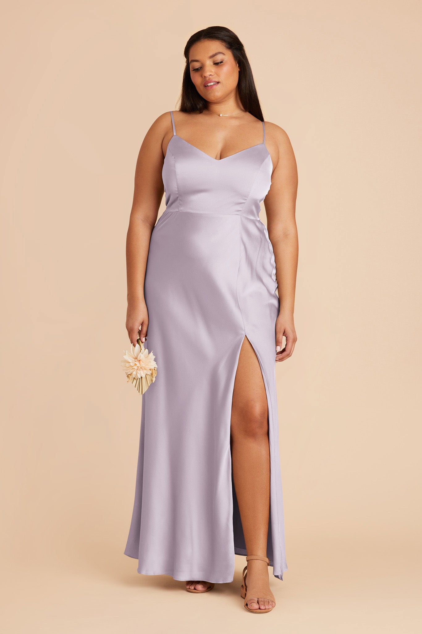 Matte Satin Dress with V-Neck & Leg Slit | Jay - Dusty Lilac