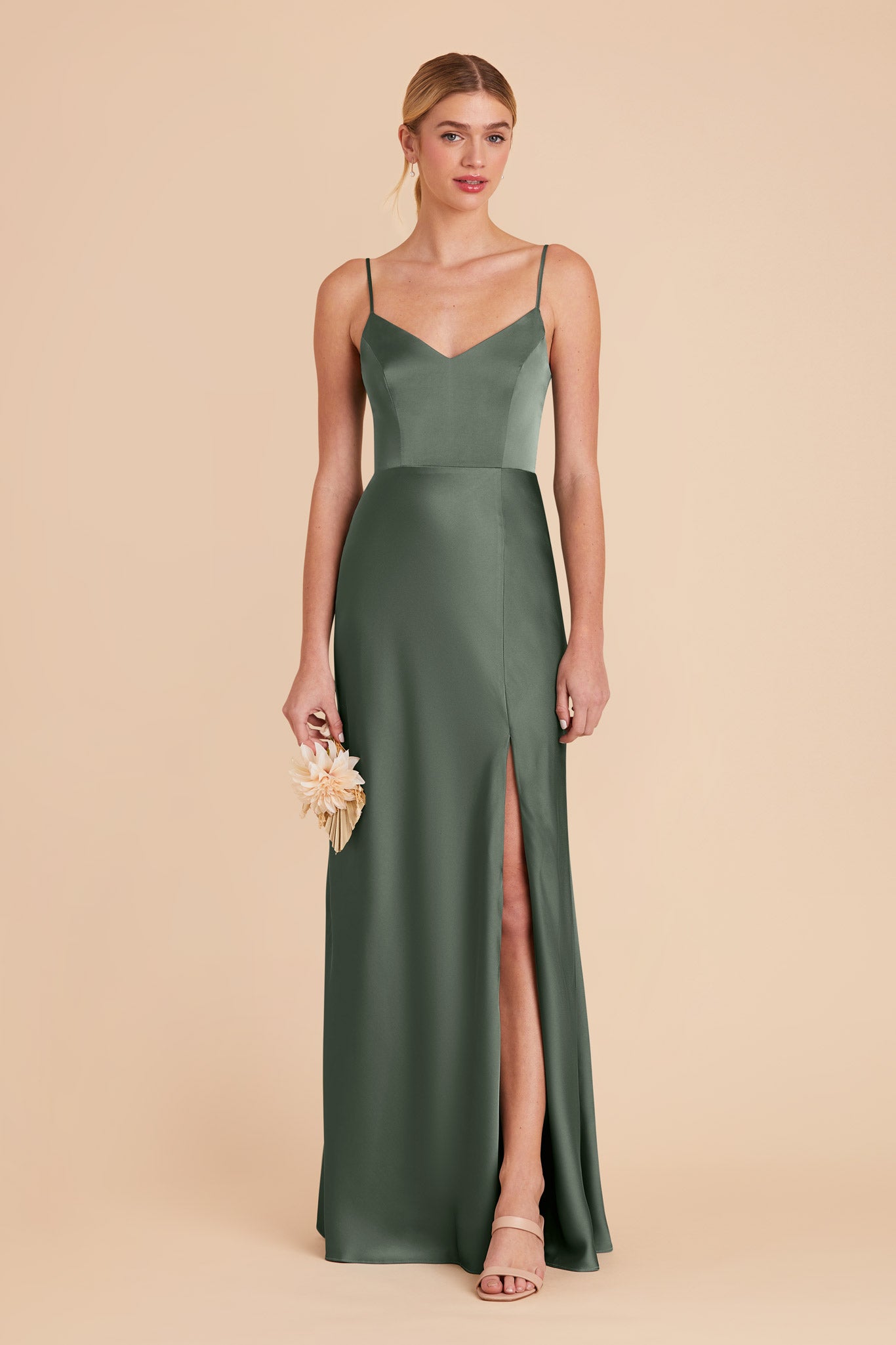 Matte Satin V-Neck Dress with Leg Slit | Jay Eucalyptus