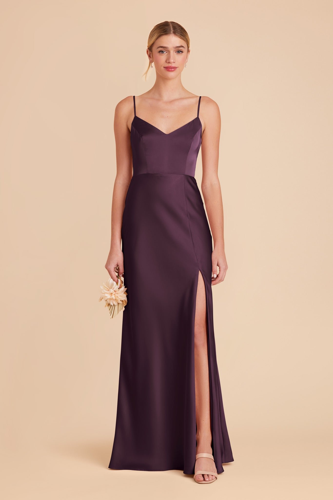 Matte Satin Dress with V-Neck & Leg Slit | Jay - Plum
