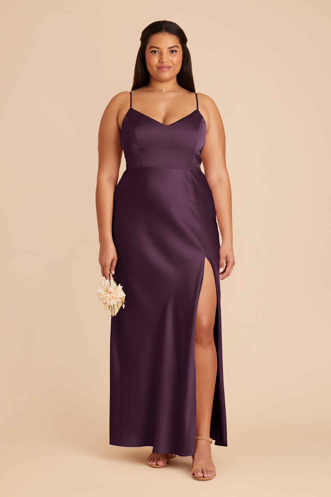Matte Satin Dress with V-Neck & Leg Slit | Jay - Plum