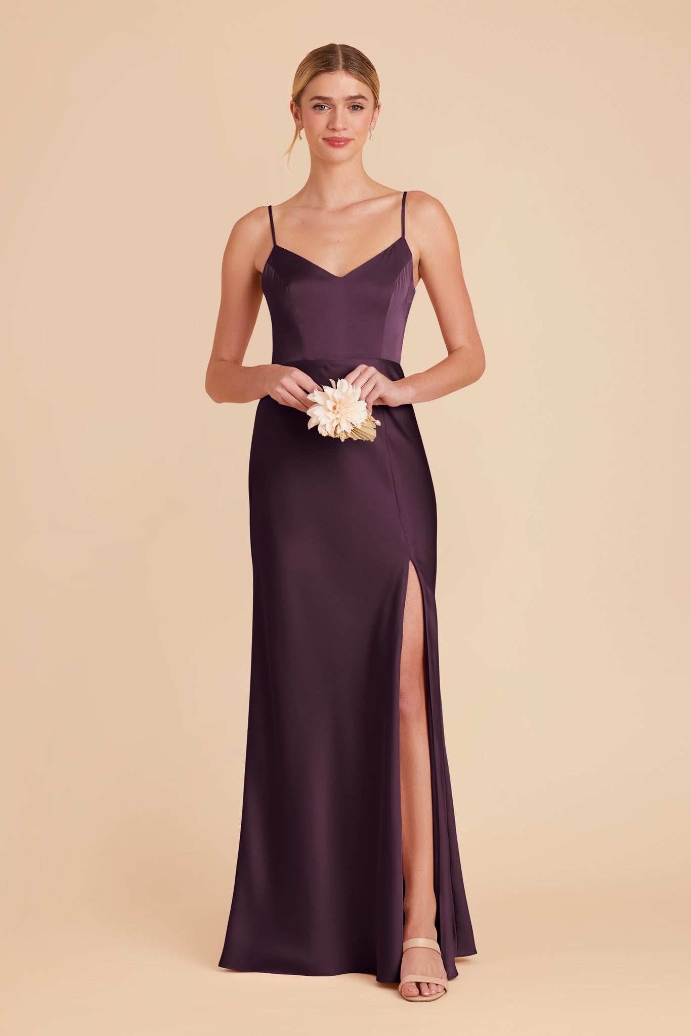 Matte Satin Dress with V-Neck & Leg Slit | Jay - Plum