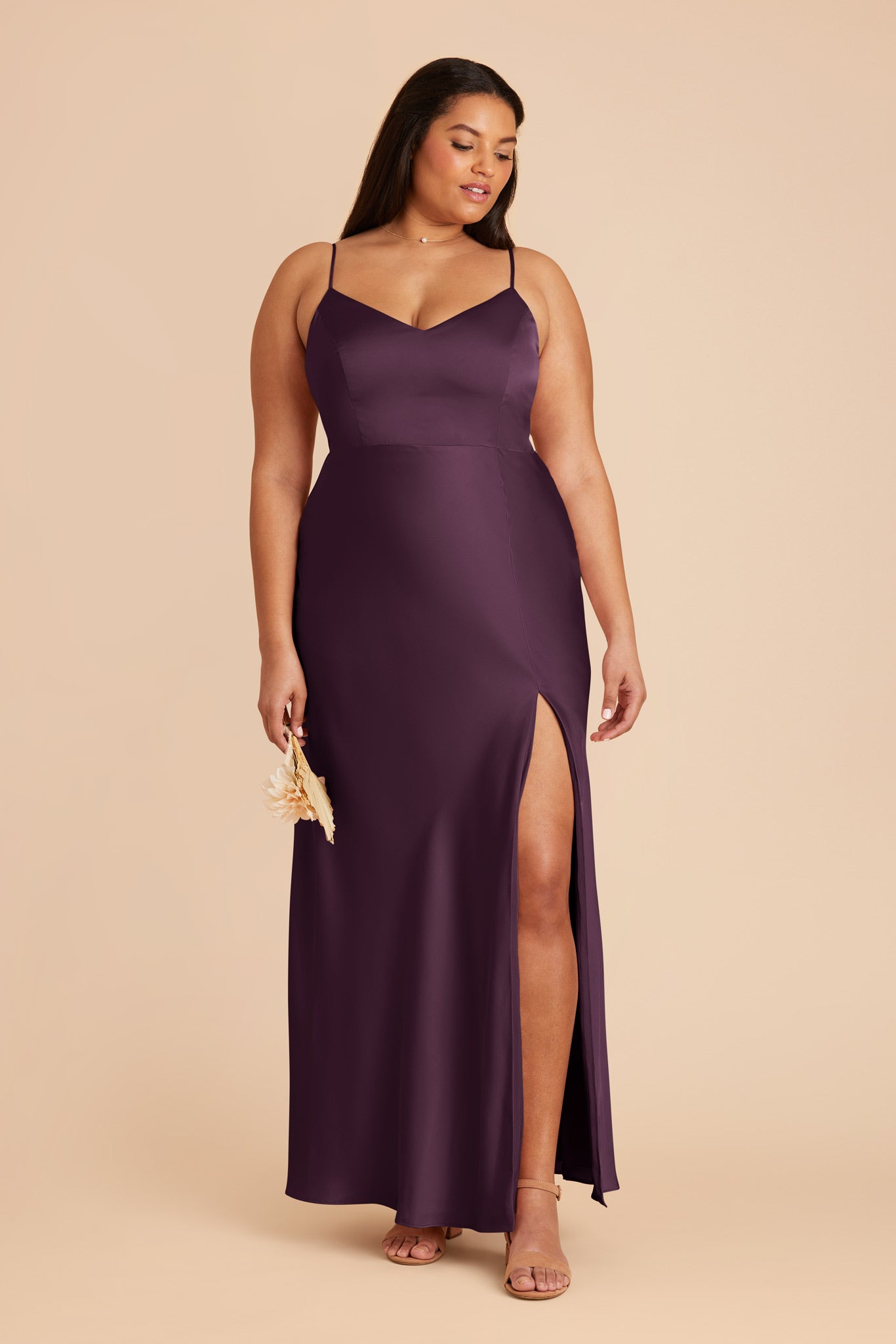 Matte Satin Dress with V-Neck & Leg Slit | Jay - Plum