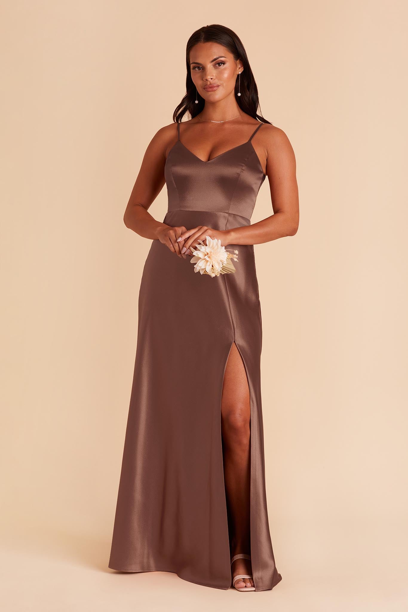 Chocolate Brown Satin Dress with V-Neck & Leg Slit | Jay Shiny