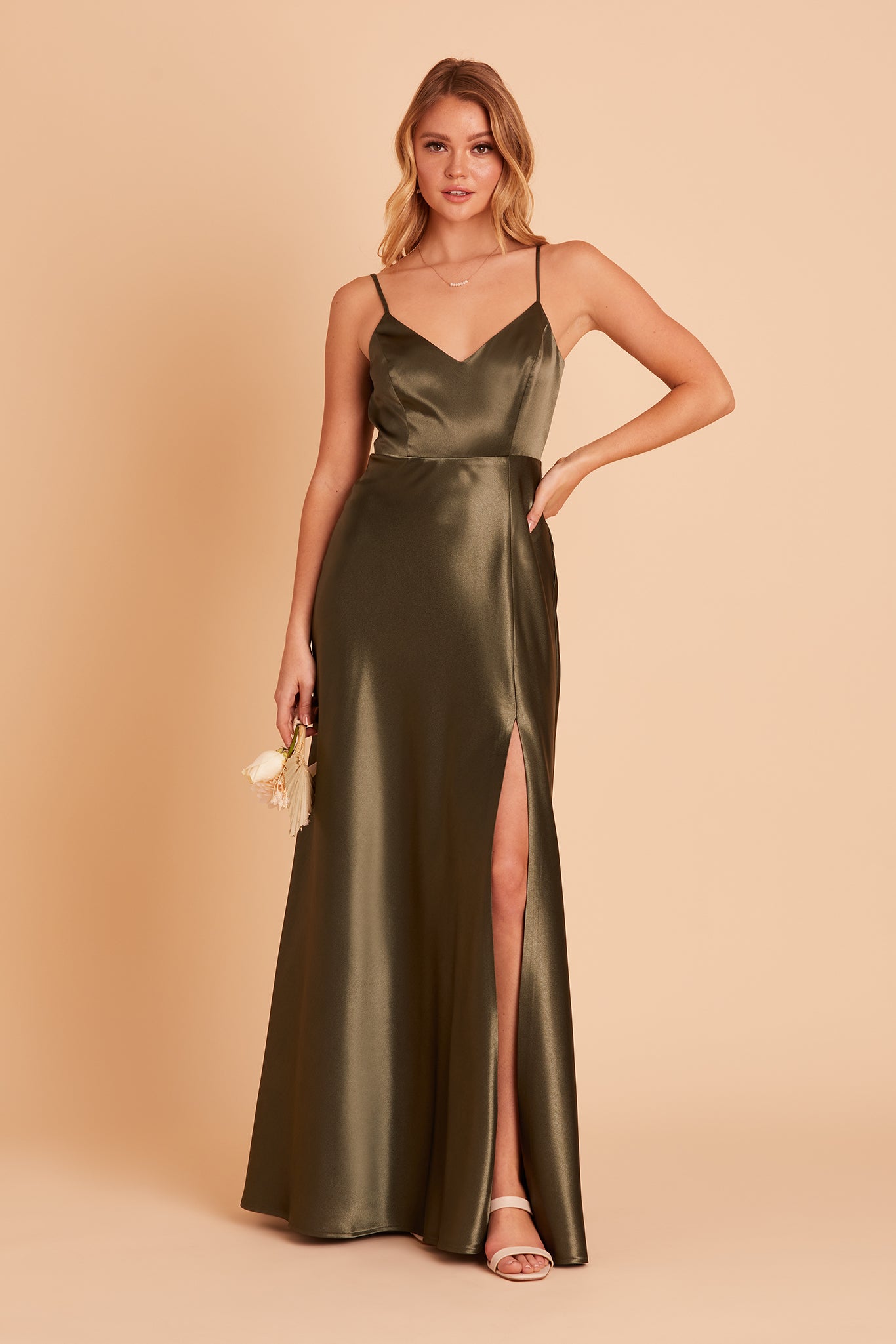 Olive Satin Spaghetti Strap Dress with Leg Slit | Jay Shiny