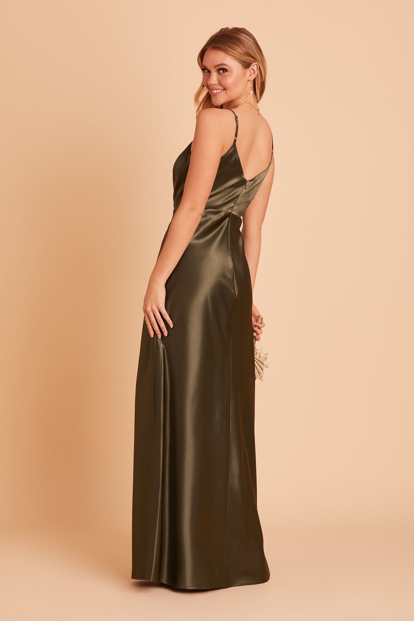 Olive Satin Spaghetti Strap Dress with Leg Slit | Jay Shiny