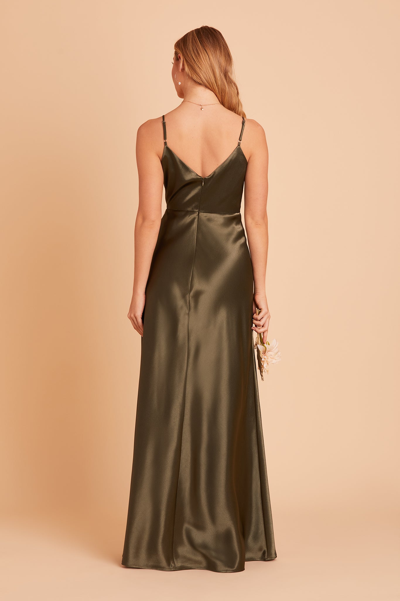 Olive Satin Spaghetti Strap Dress with Leg Slit | Jay Shiny