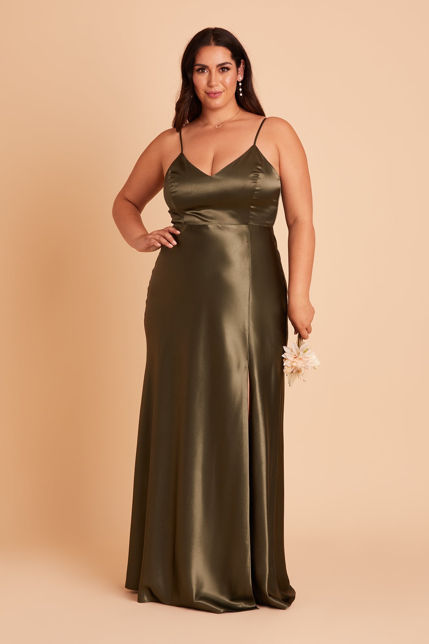 Olive Satin Spaghetti Strap Dress with Leg Slit | Jay Shiny