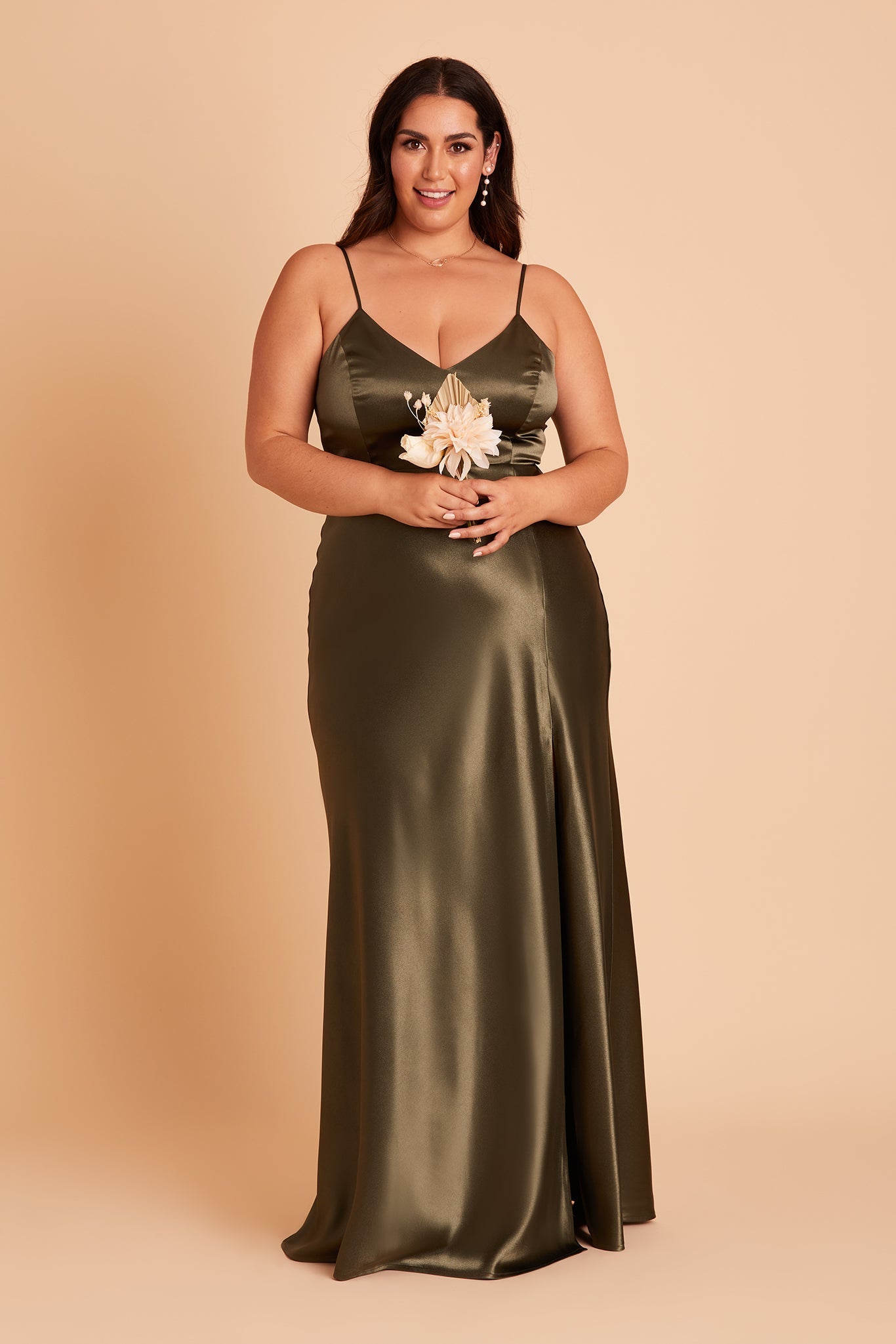 Olive Satin Spaghetti Strap Dress with Leg Slit | Jay Shiny