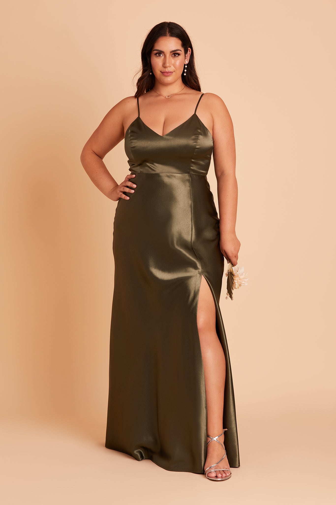 Olive Satin Spaghetti Strap Dress with Leg Slit | Jay Shiny