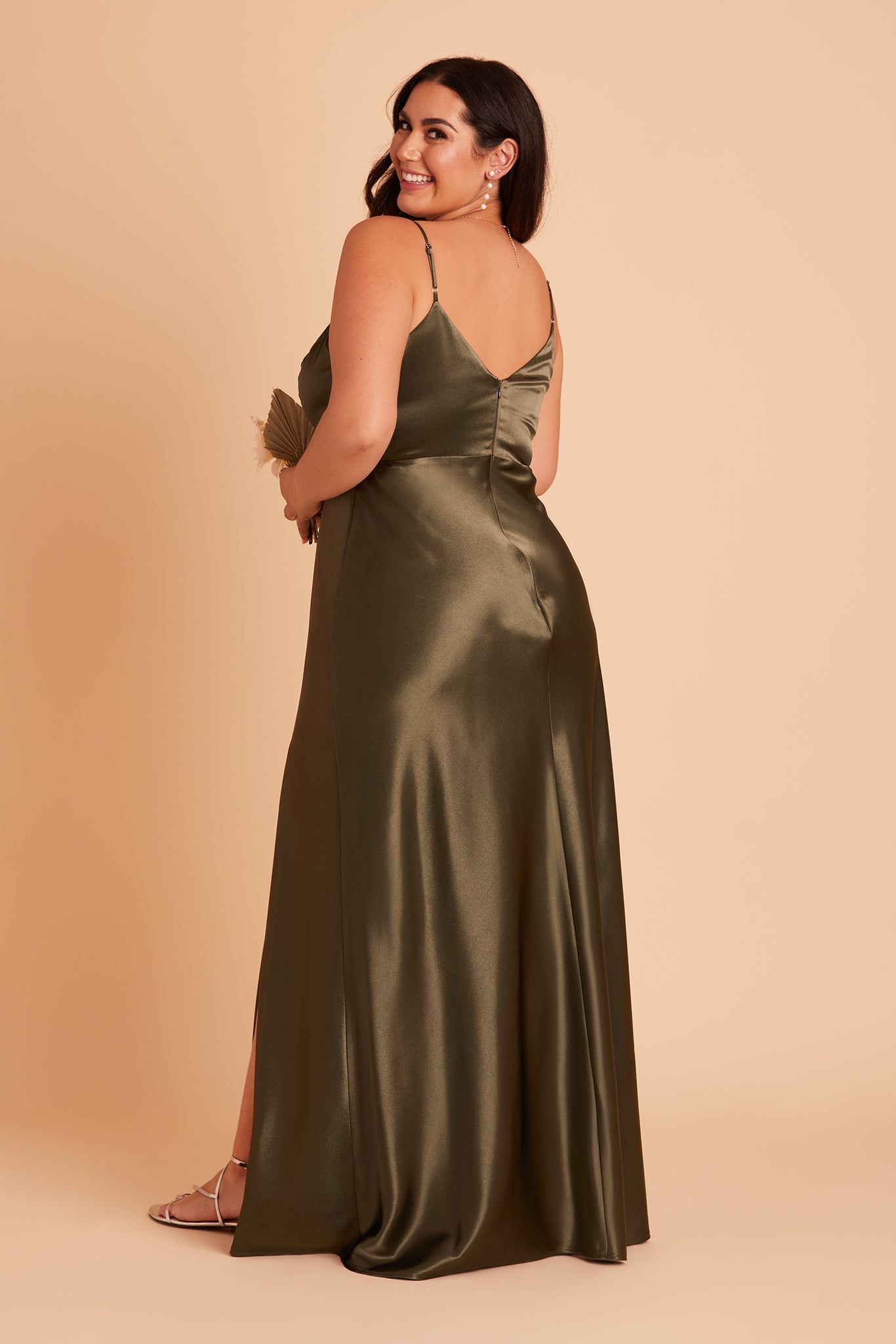 Olive Satin Spaghetti Strap Dress with Leg Slit | Jay Shiny