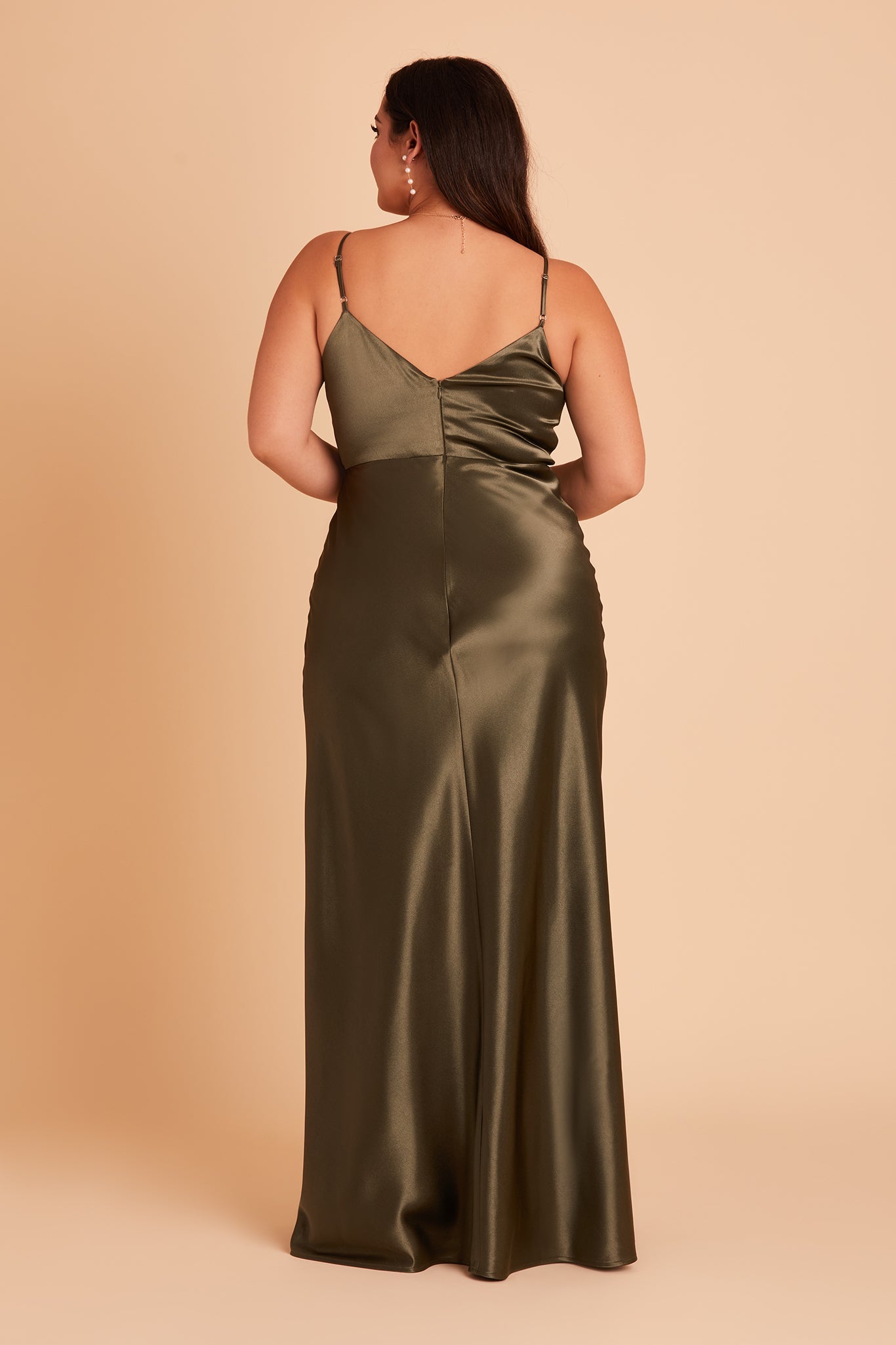 Olive Satin Spaghetti Strap Dress with Leg Slit | Jay Shiny