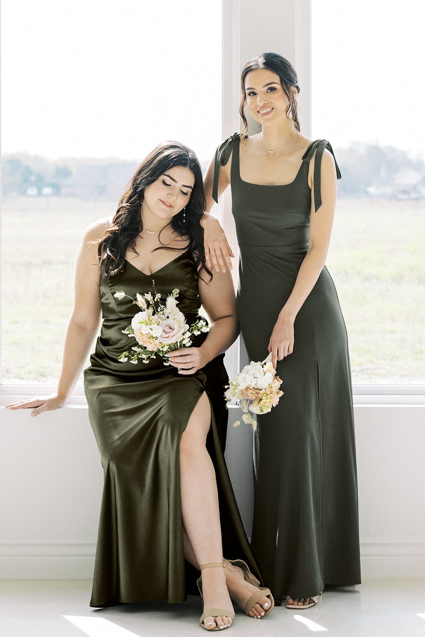 Olive Satin Spaghetti Strap Dress with Leg Slit | Jay Shiny