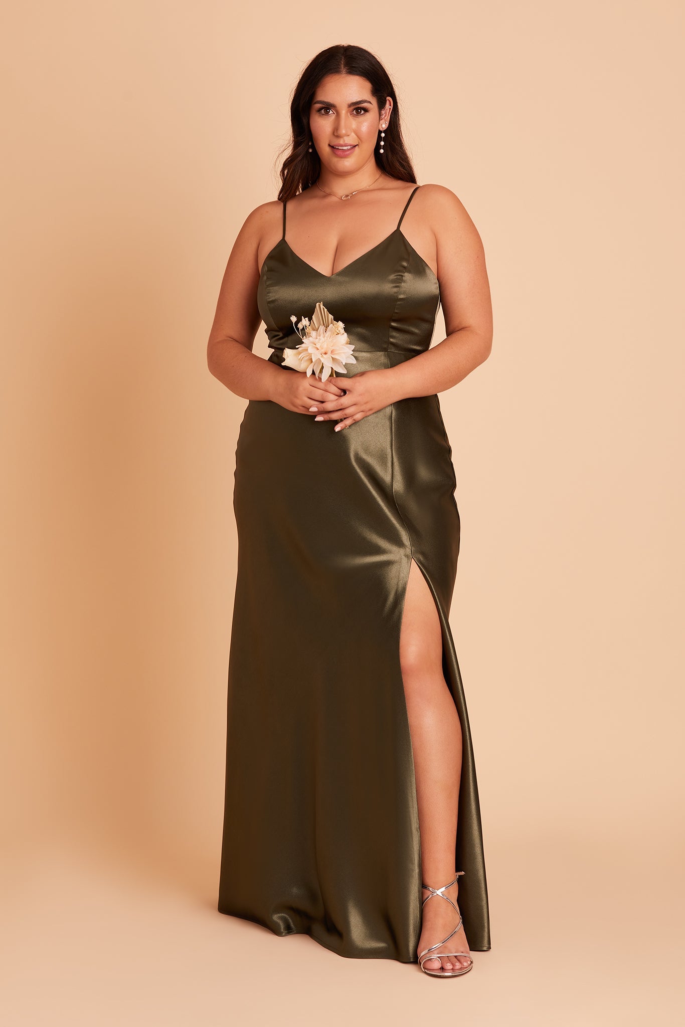 Olive Satin Spaghetti Strap Dress with Leg Slit | Jay Shiny