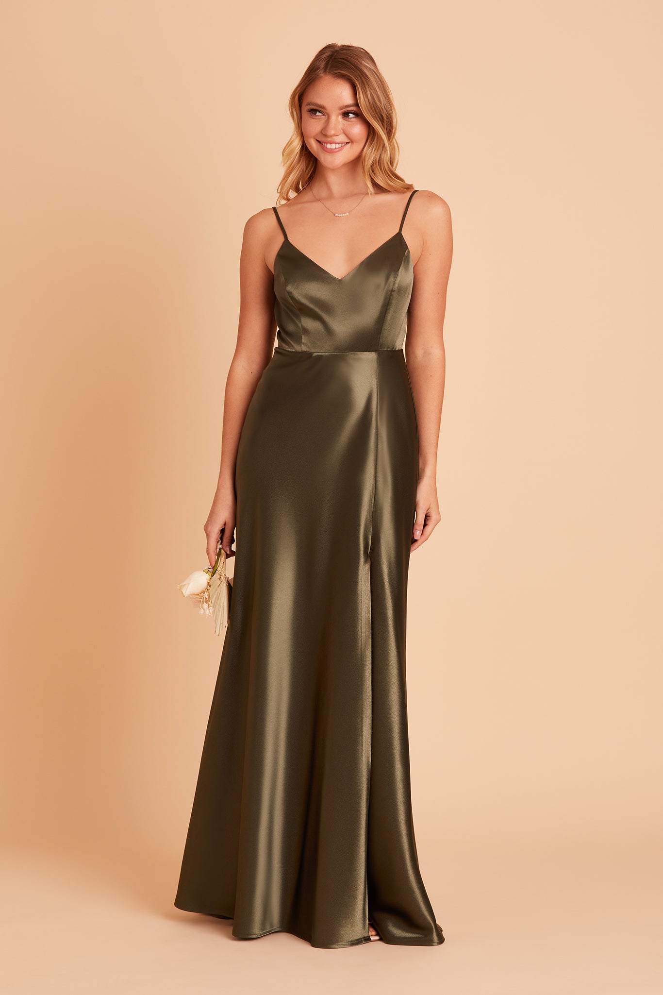 Olive Satin Spaghetti Strap Dress with Leg Slit | Jay Shiny