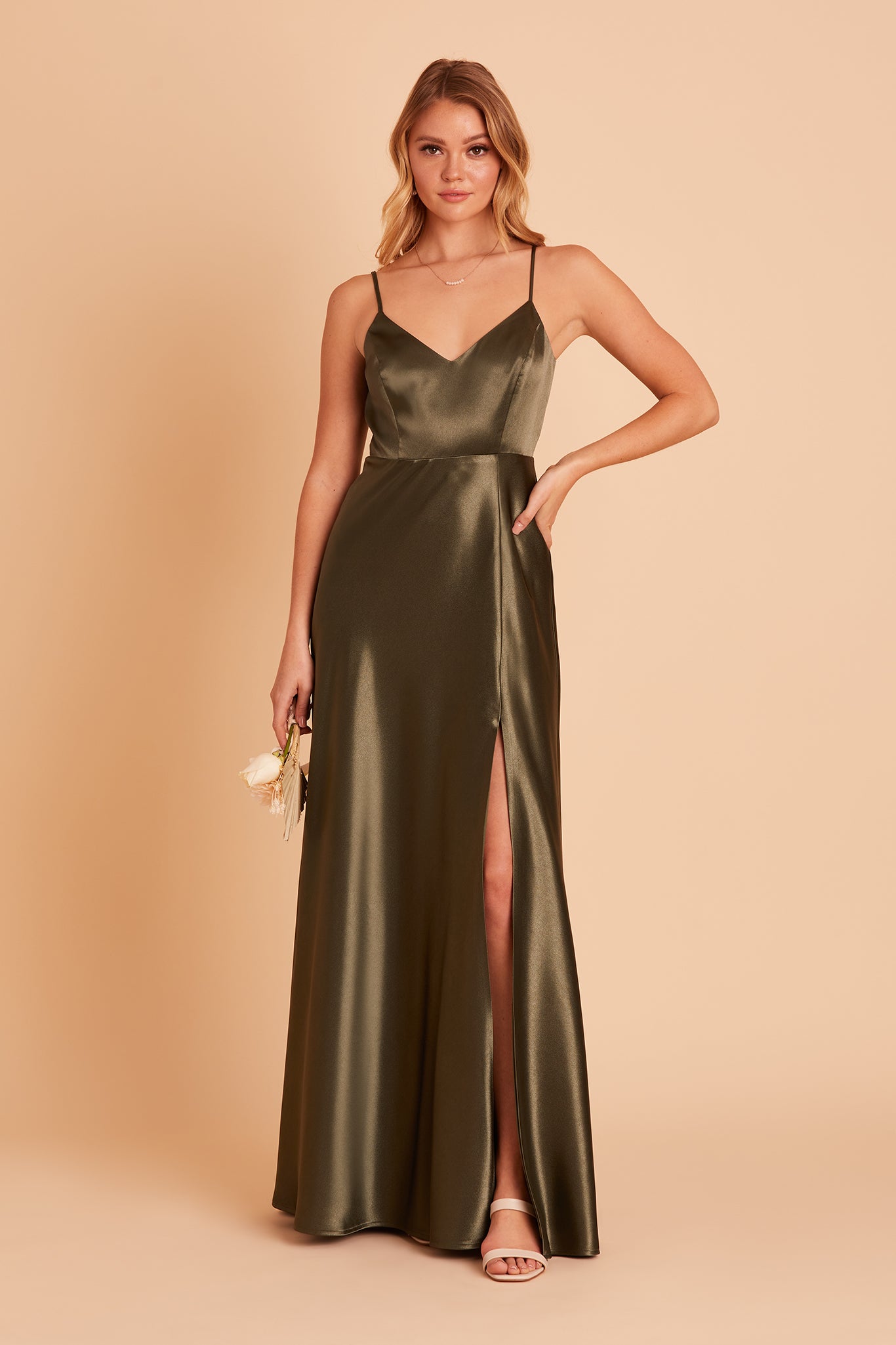 Olive Satin Spaghetti Strap Dress with Leg Slit | Jay Shiny