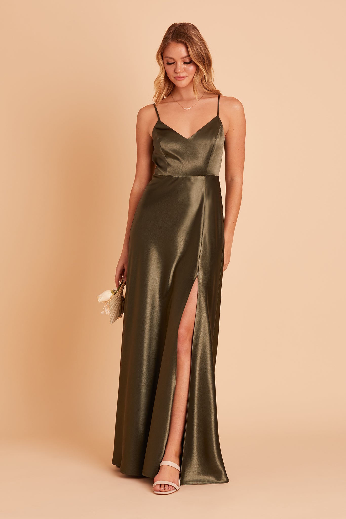 Olive Satin Spaghetti Strap Dress with Leg Slit | Jay Shiny