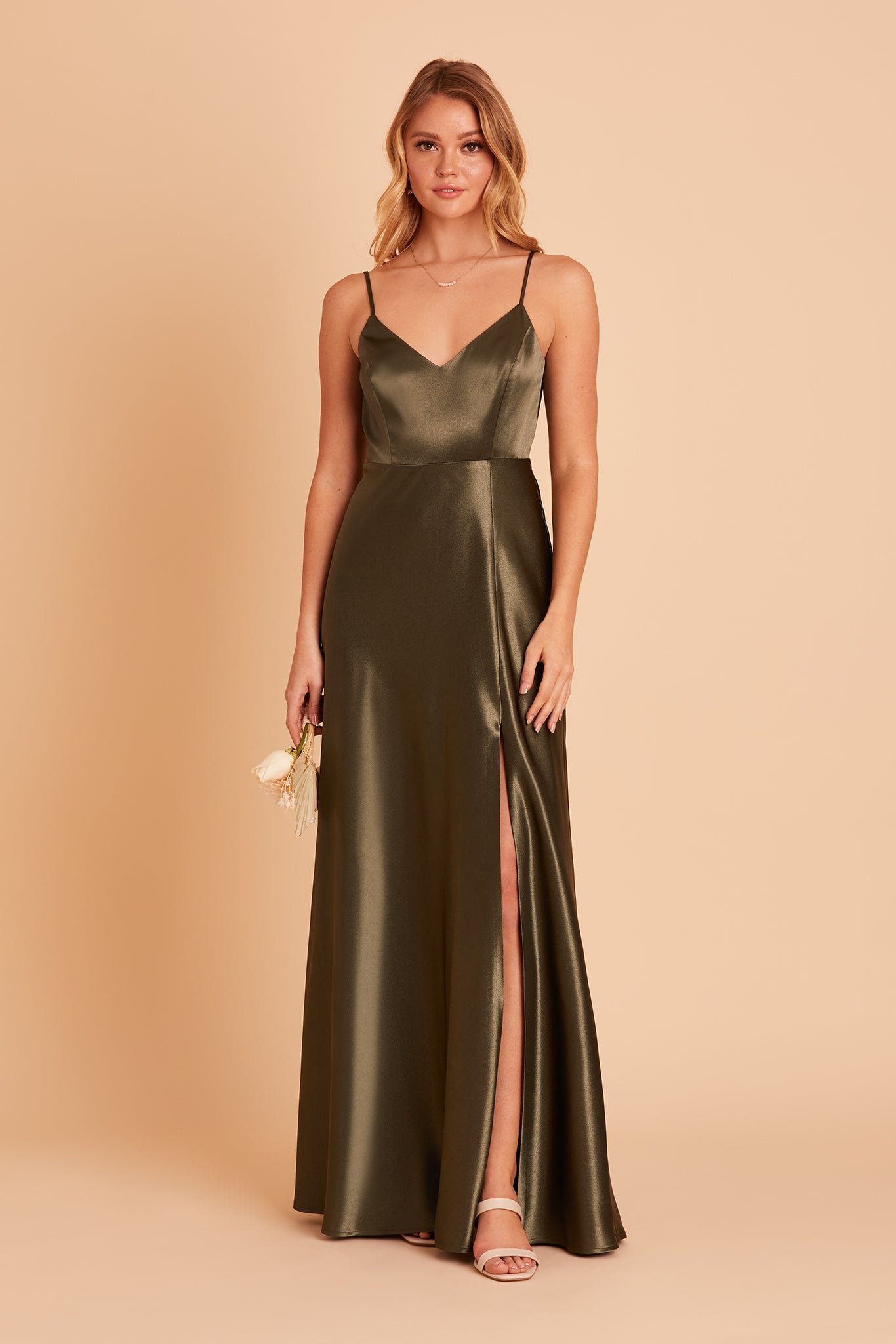 Olive Satin Spaghetti Strap Dress with Leg Slit | Jay Shiny