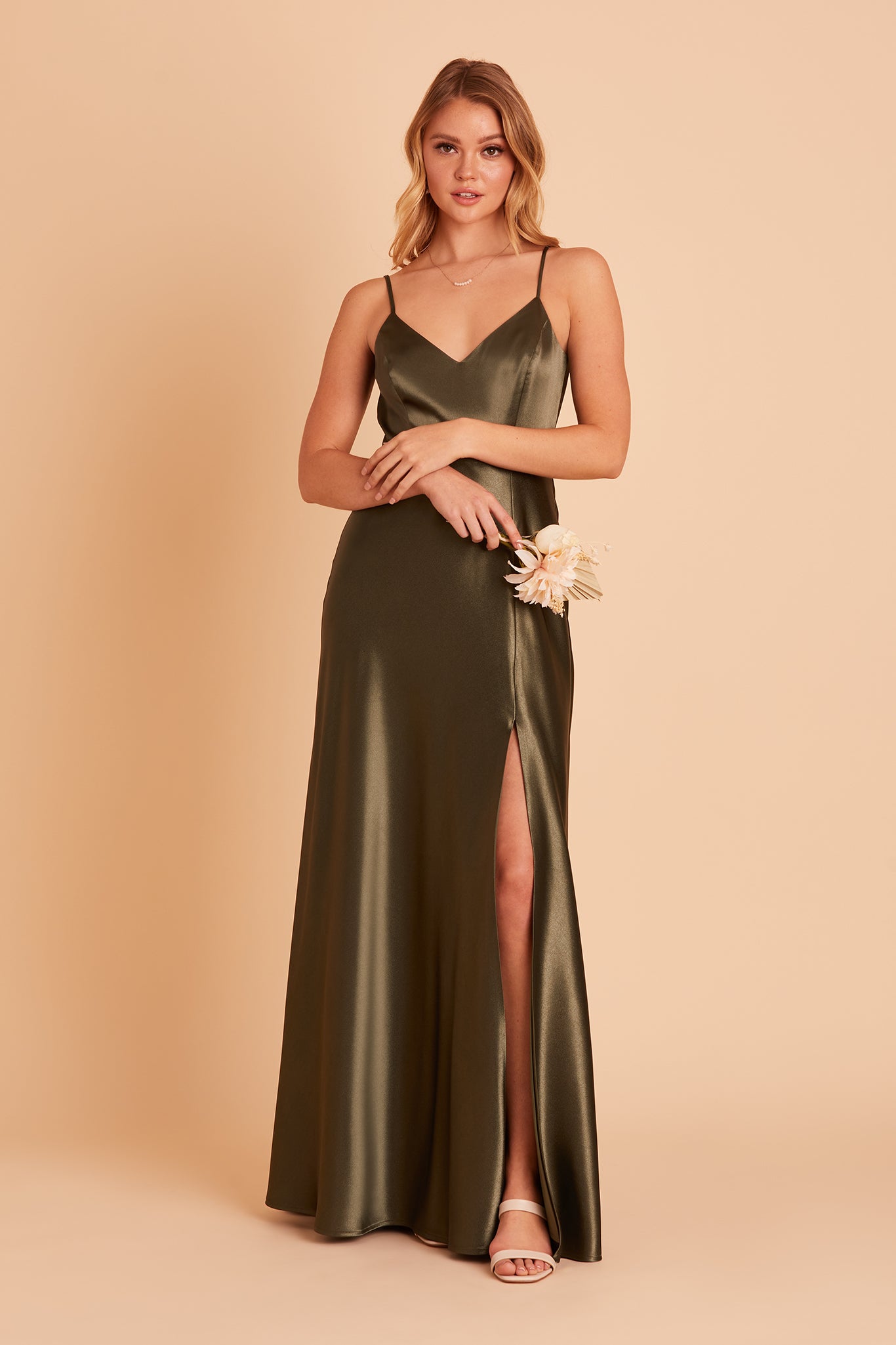 Olive Satin Spaghetti Strap Dress with Leg Slit | Jay Shiny