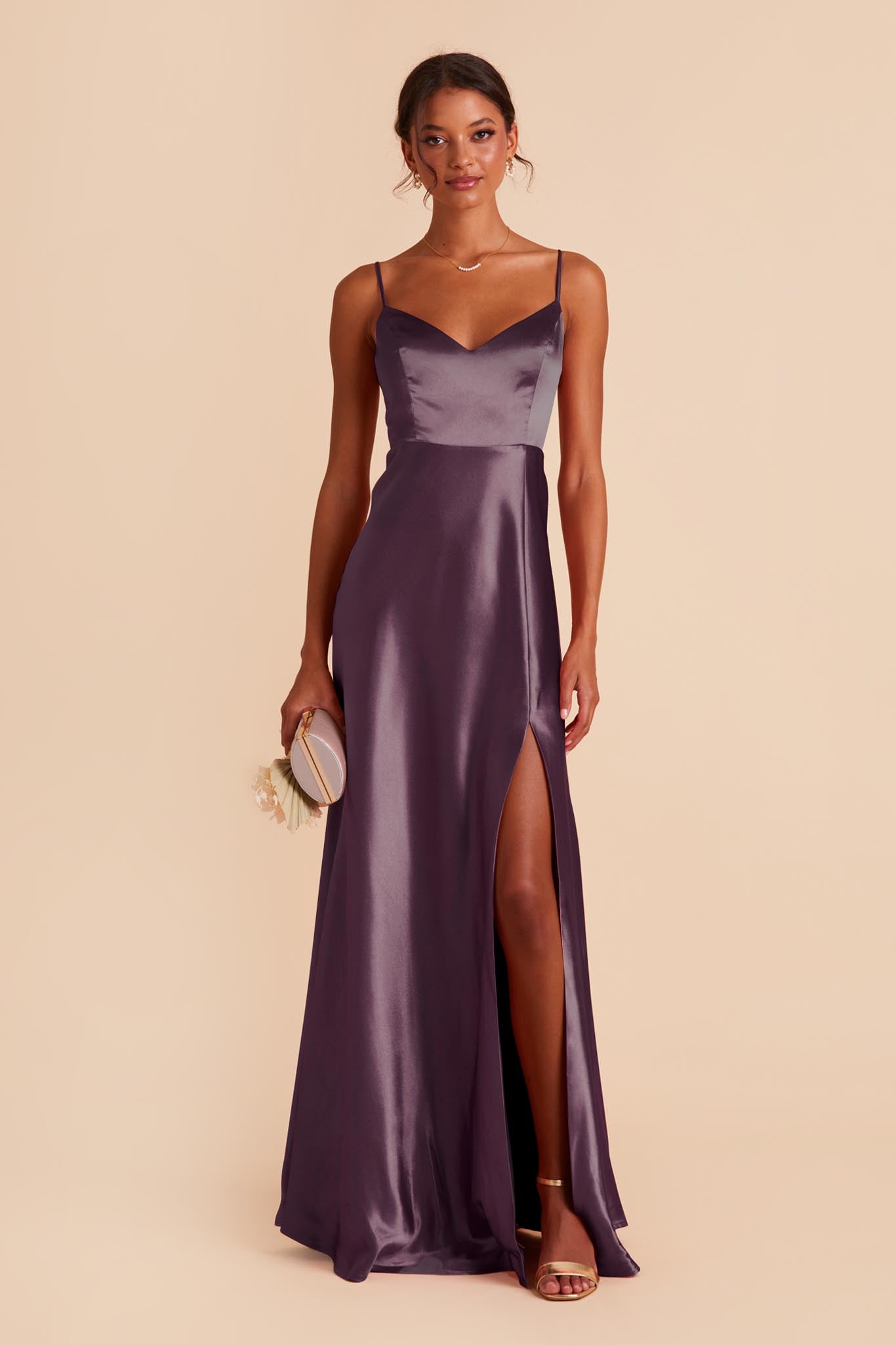 Plum Satin Spaghetti Strap Dress with Leg Slit | Jay Shiny