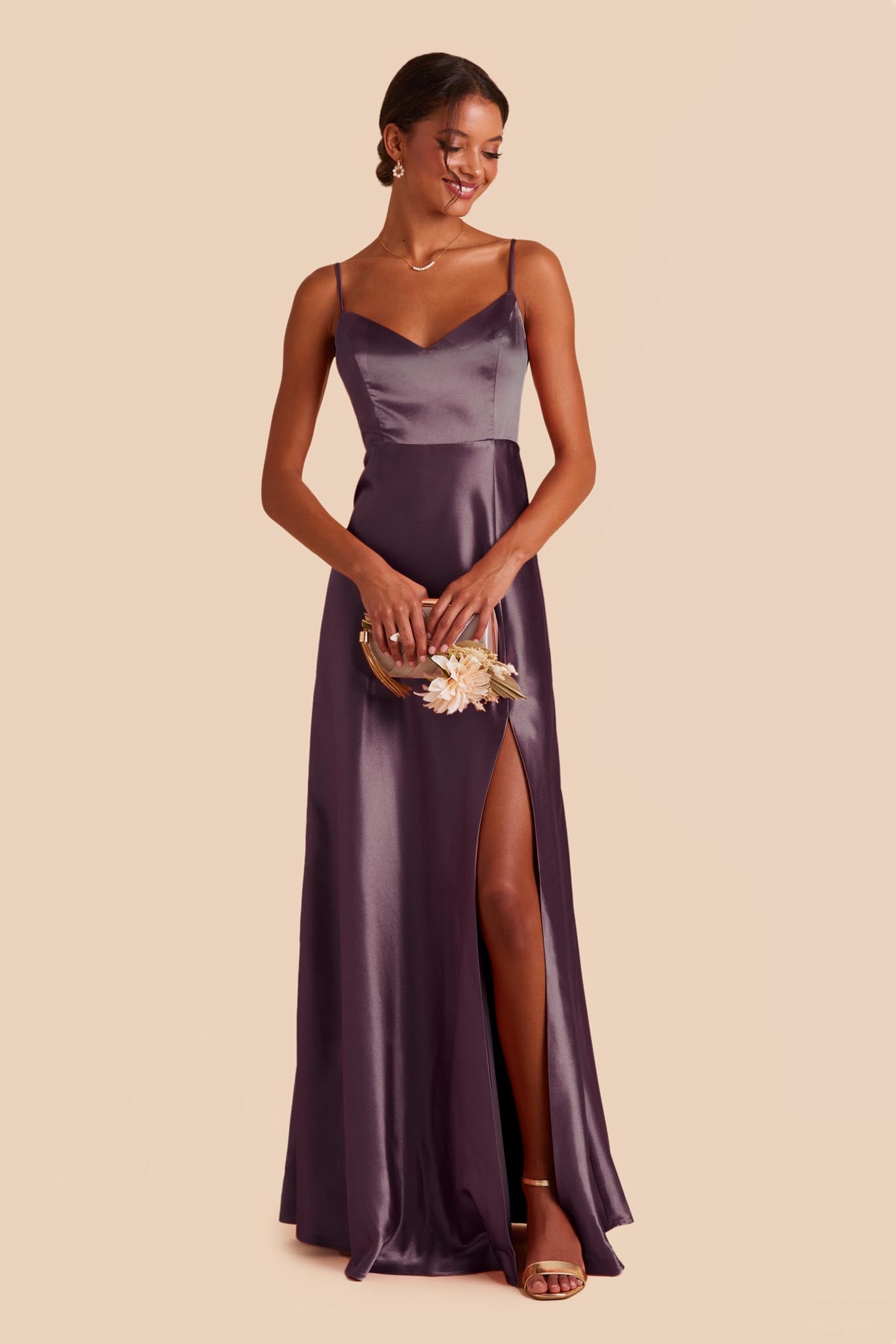 Plum Satin Spaghetti Strap Dress with Leg Slit | Jay Shiny