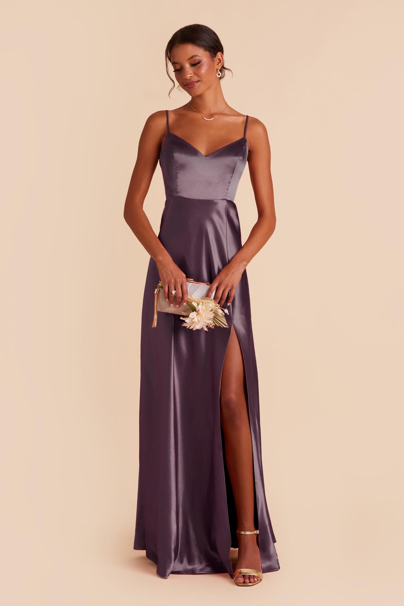 Plum Satin Spaghetti Strap Dress with Leg Slit | Jay Shiny