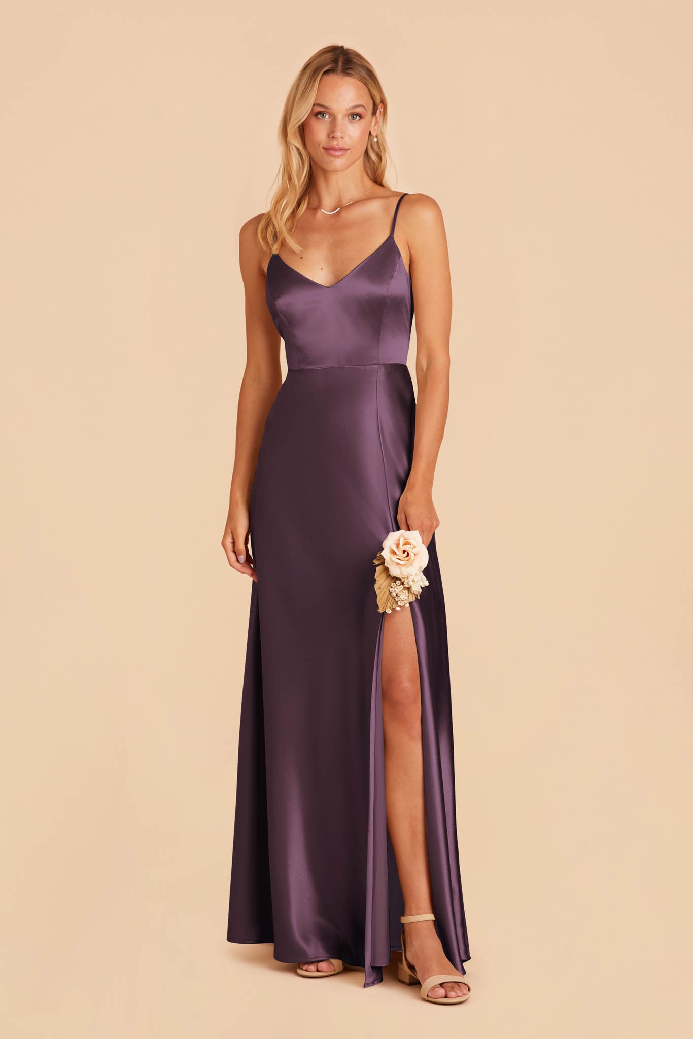 Plum Satin Spaghetti Strap Dress with Leg Slit | Jay Shiny