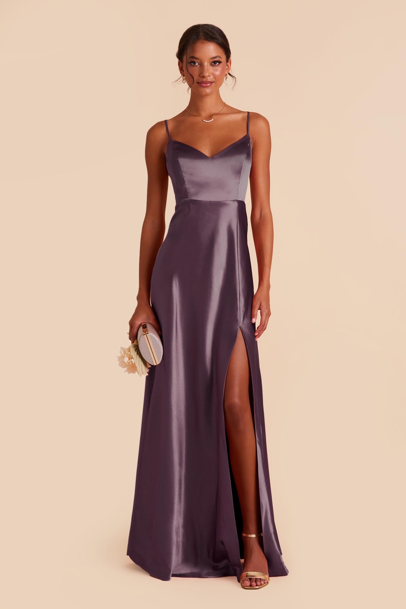 Plum Satin Spaghetti Strap Dress with Leg Slit | Jay Shiny