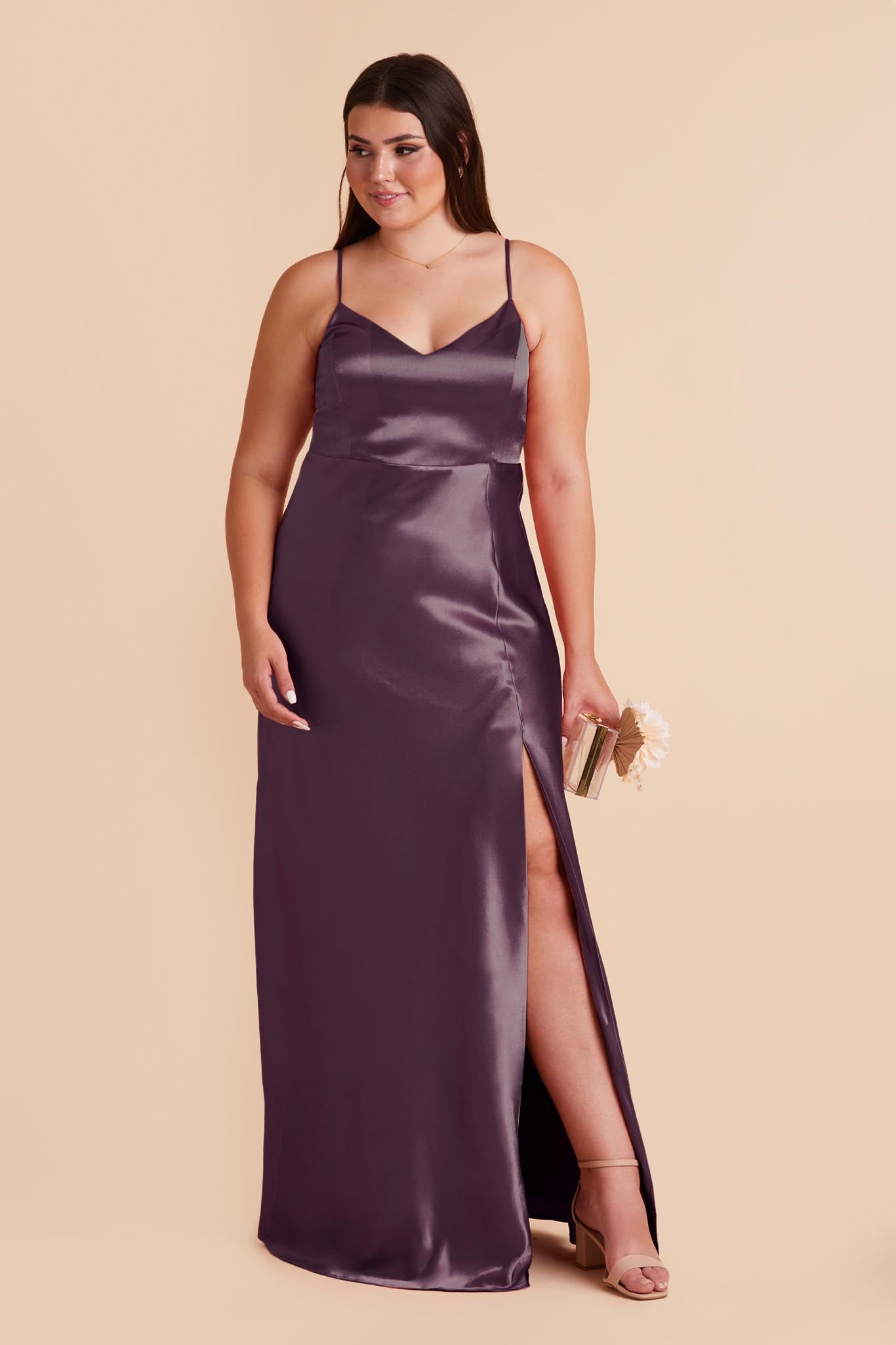 Plum Satin Spaghetti Strap Dress with Leg Slit | Jay Shiny