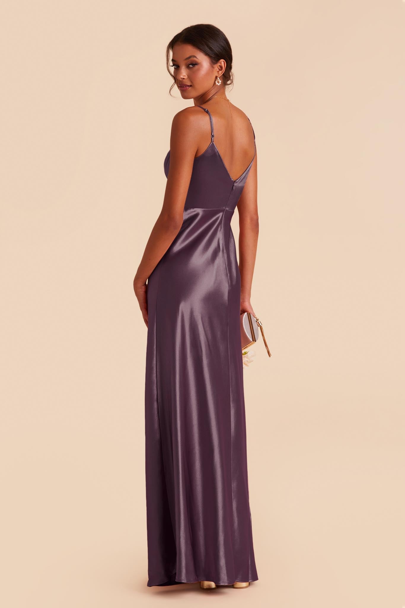Plum Satin Spaghetti Strap Dress with Leg Slit | Jay Shiny