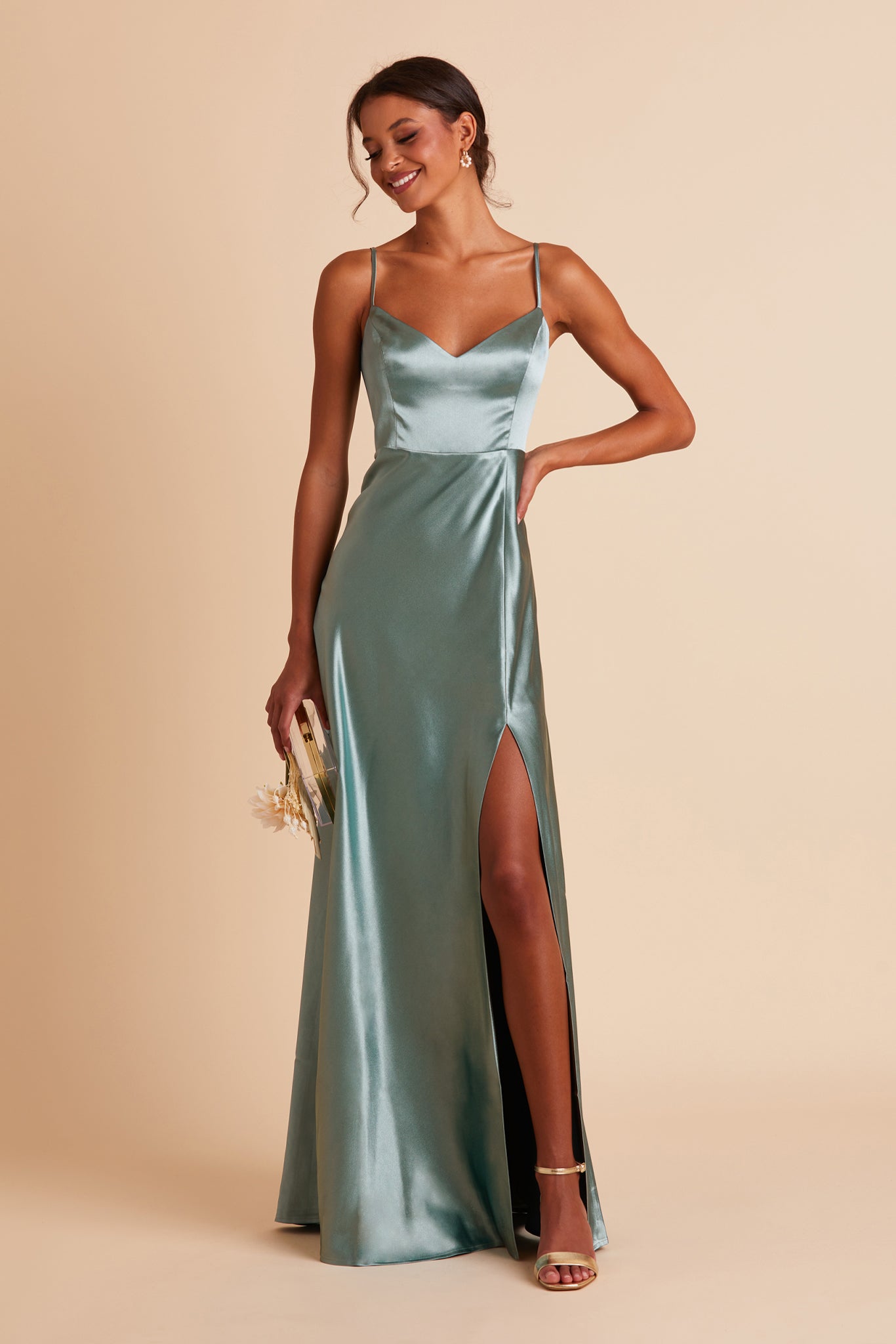 V-Neck Spaghetti Strap Satin Dress with Leg Slit | Jay Shiny